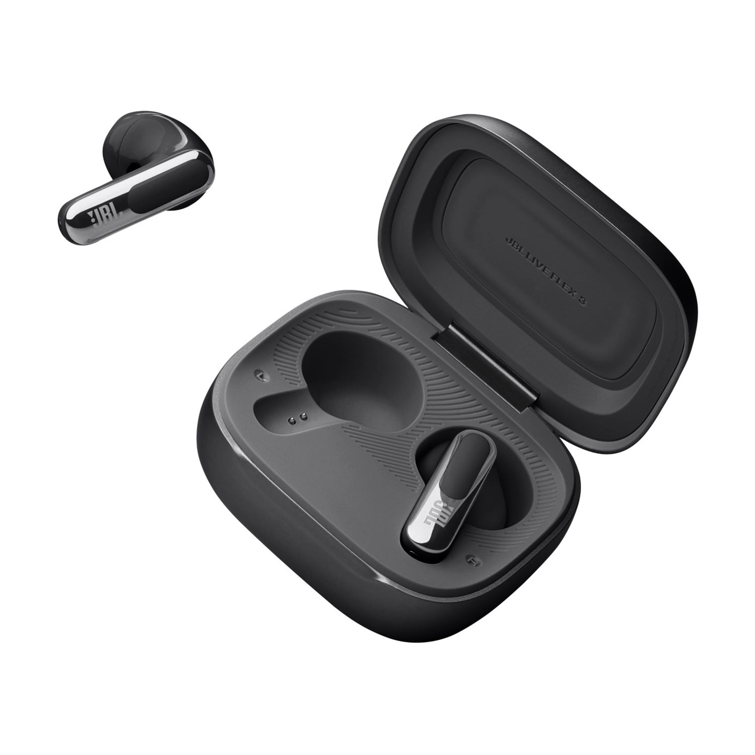 Black earbuds in case, one outside. Case open, one earbud inside. White background.