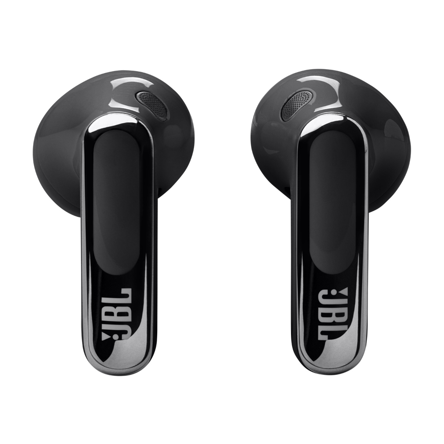 Pair of black JBL earbuds. They have a silver accent and the JBL logo. White background.