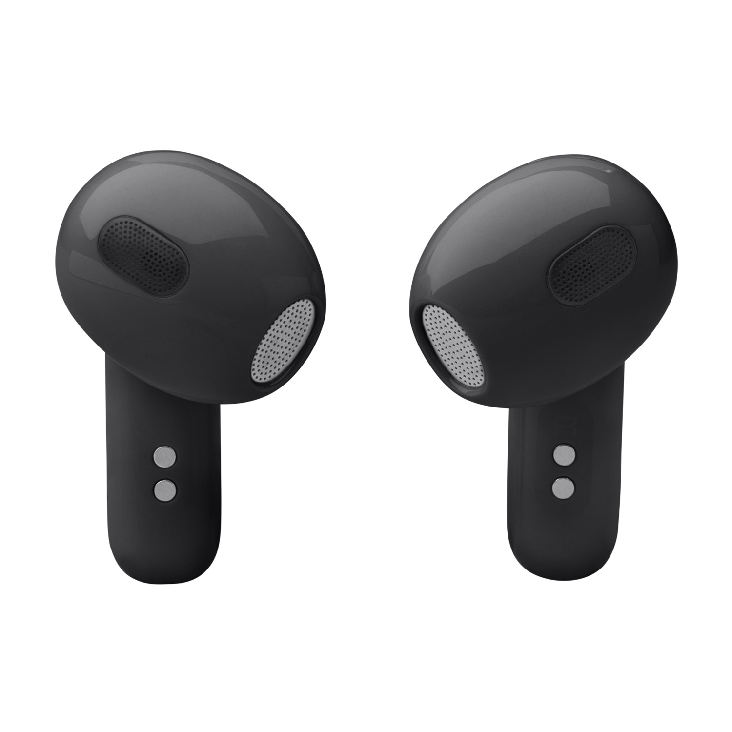 Two black wireless earbuds on a white background. Each has a round speaker and two small buttons.