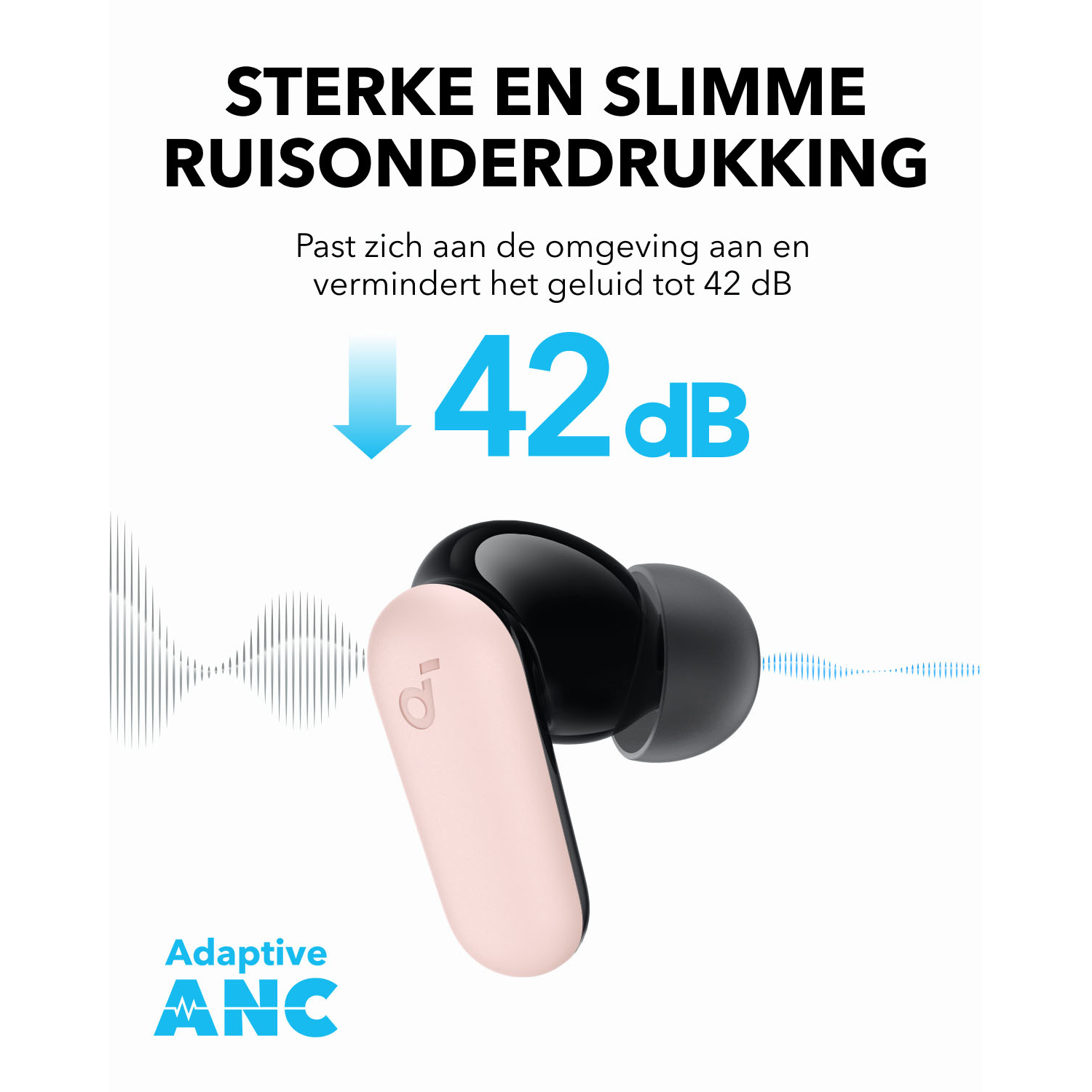 Oordopje met roze behuizing en zwarte punt, tekst over ruisonderdrukking in het Nederlands.