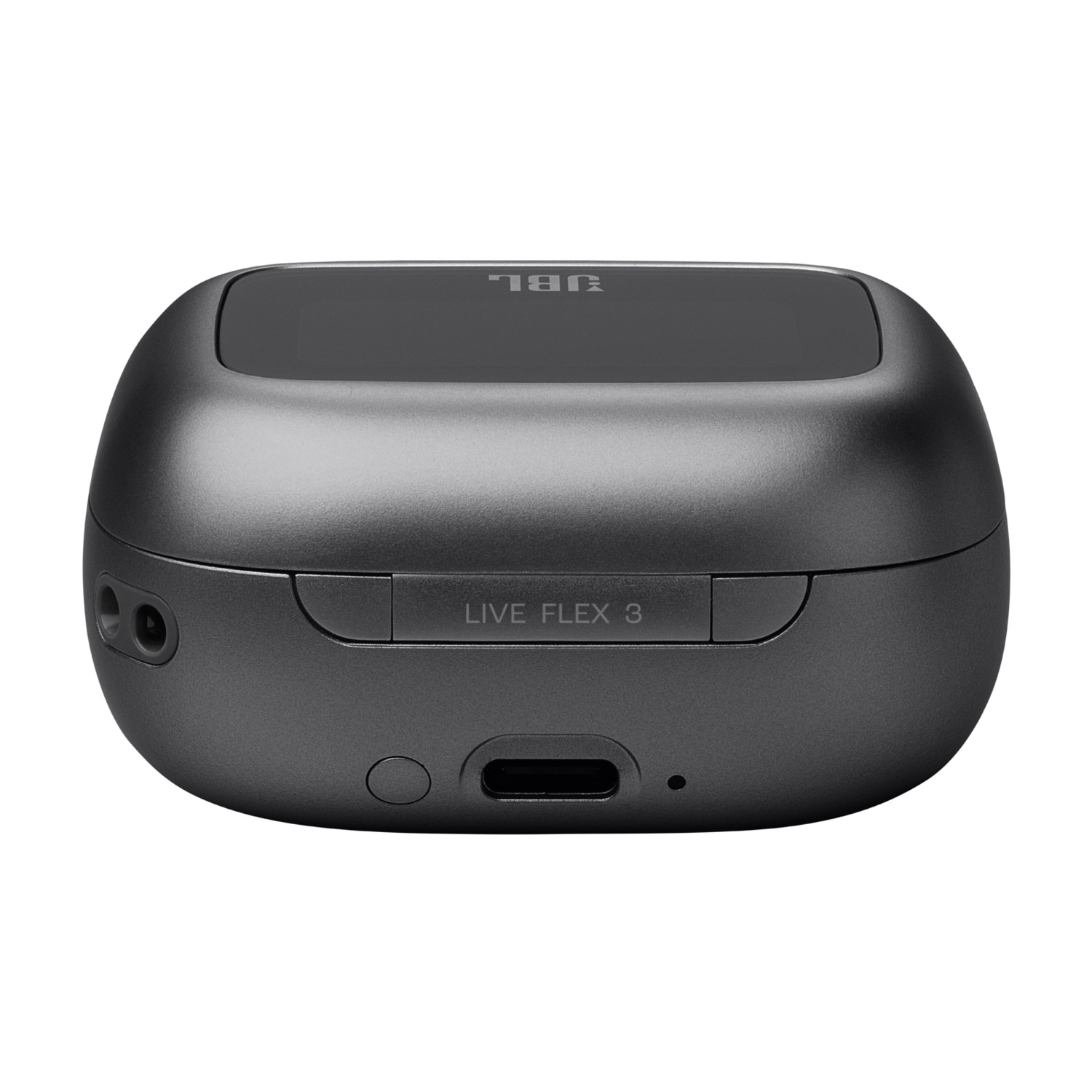 A dark gray JBL charging case. The case reads "LIVE FLEX 3" and has a USB-C port.