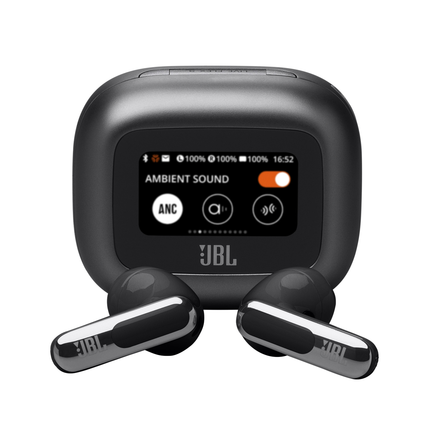 JBL wireless earbuds charging case with earbuds. The case has a screen showing ANC and battery.