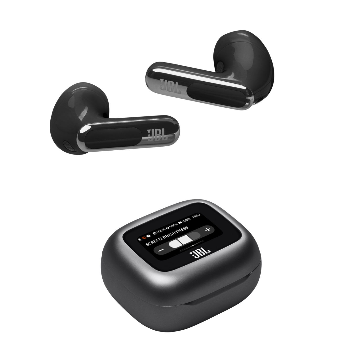 Black JBL earbuds and a charging case with a screen.