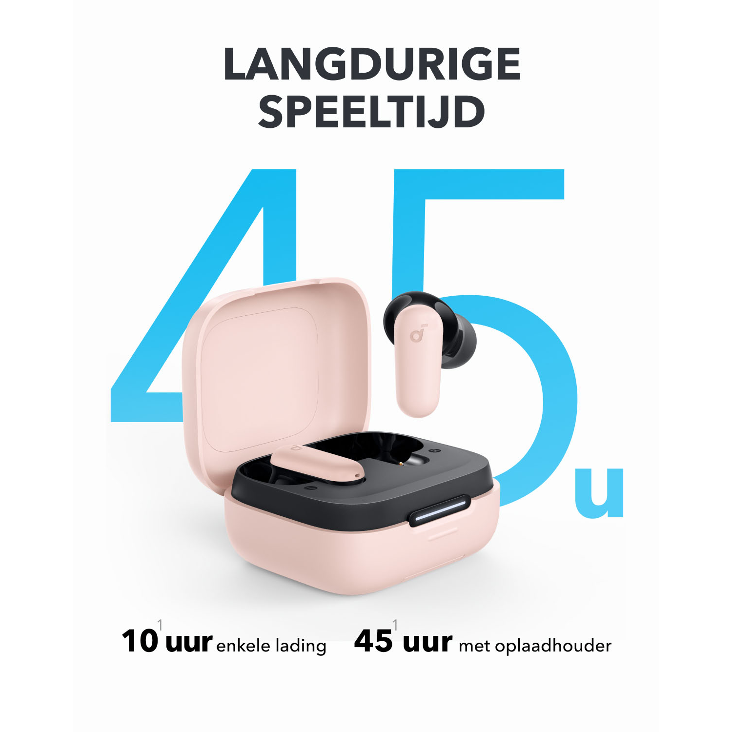 Roze draadloze oordopjes en oplaadcase, met grote 45 en u.