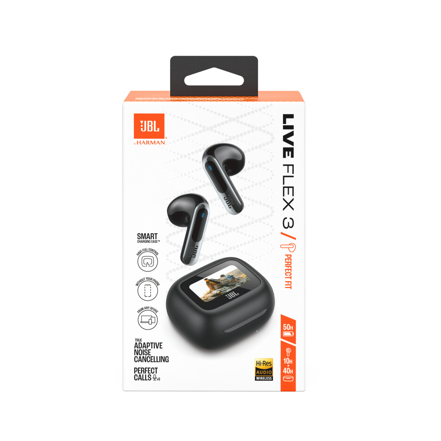 JBL headphones box with headphones and charging case depicted.