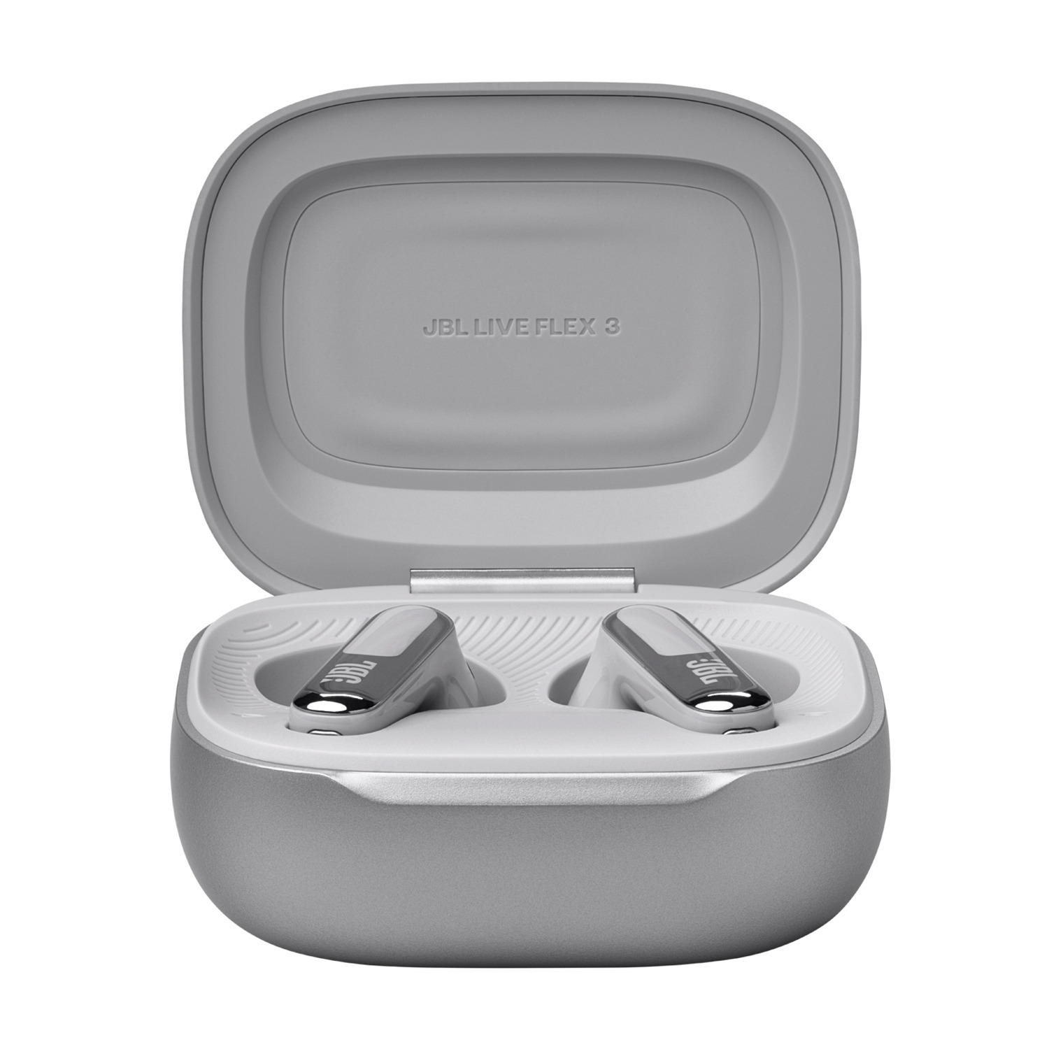 A gray case containing white JBL earbuds. The case is open.