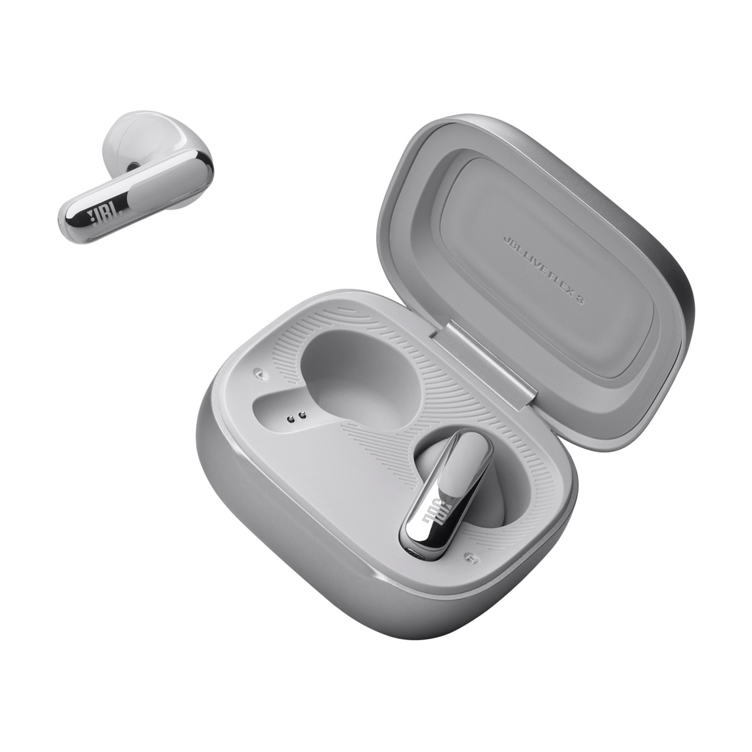 A pair of white and silver JBL earbuds inside a charging case.