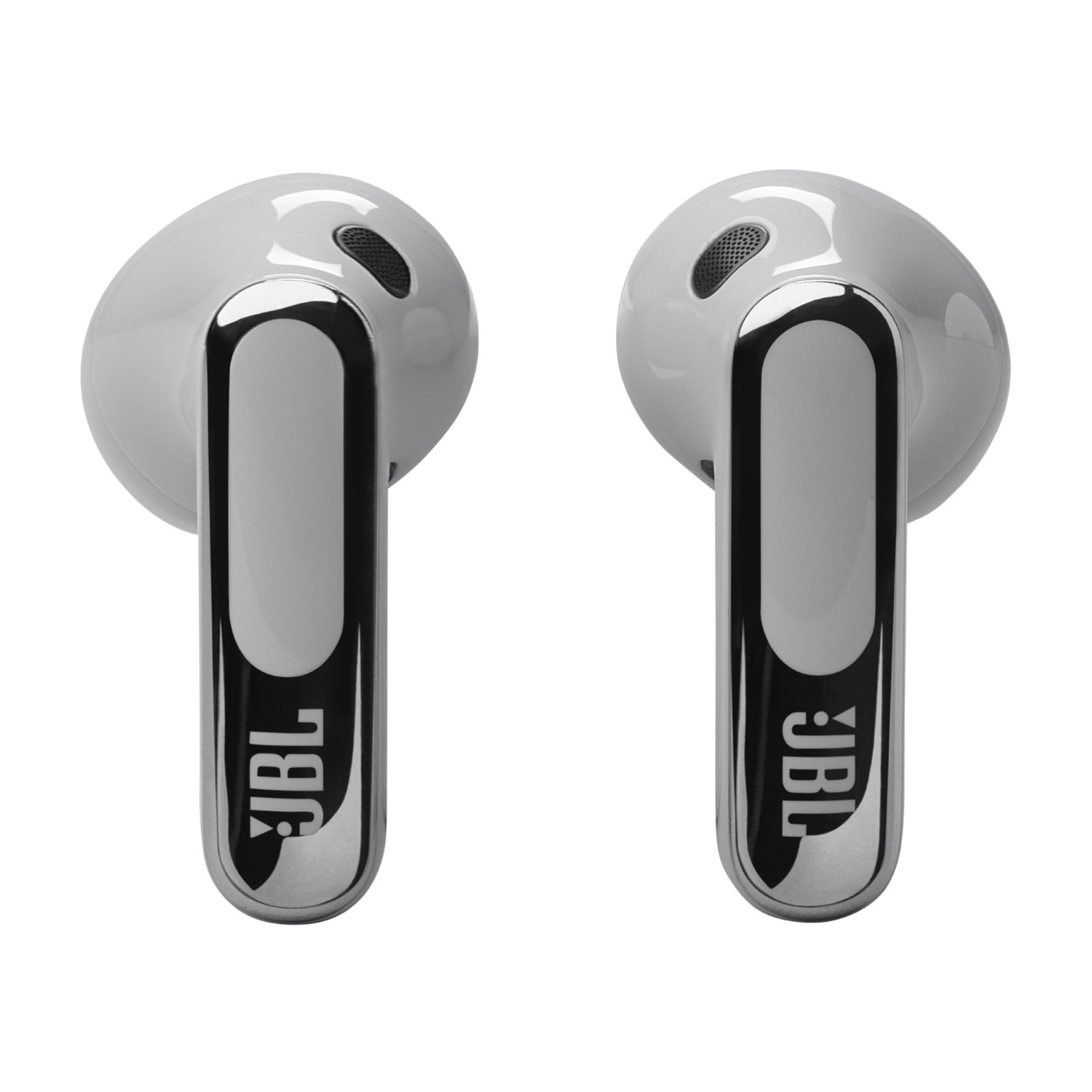 Two white JBL earbuds, glossy finish, with JBL logo on a white background.