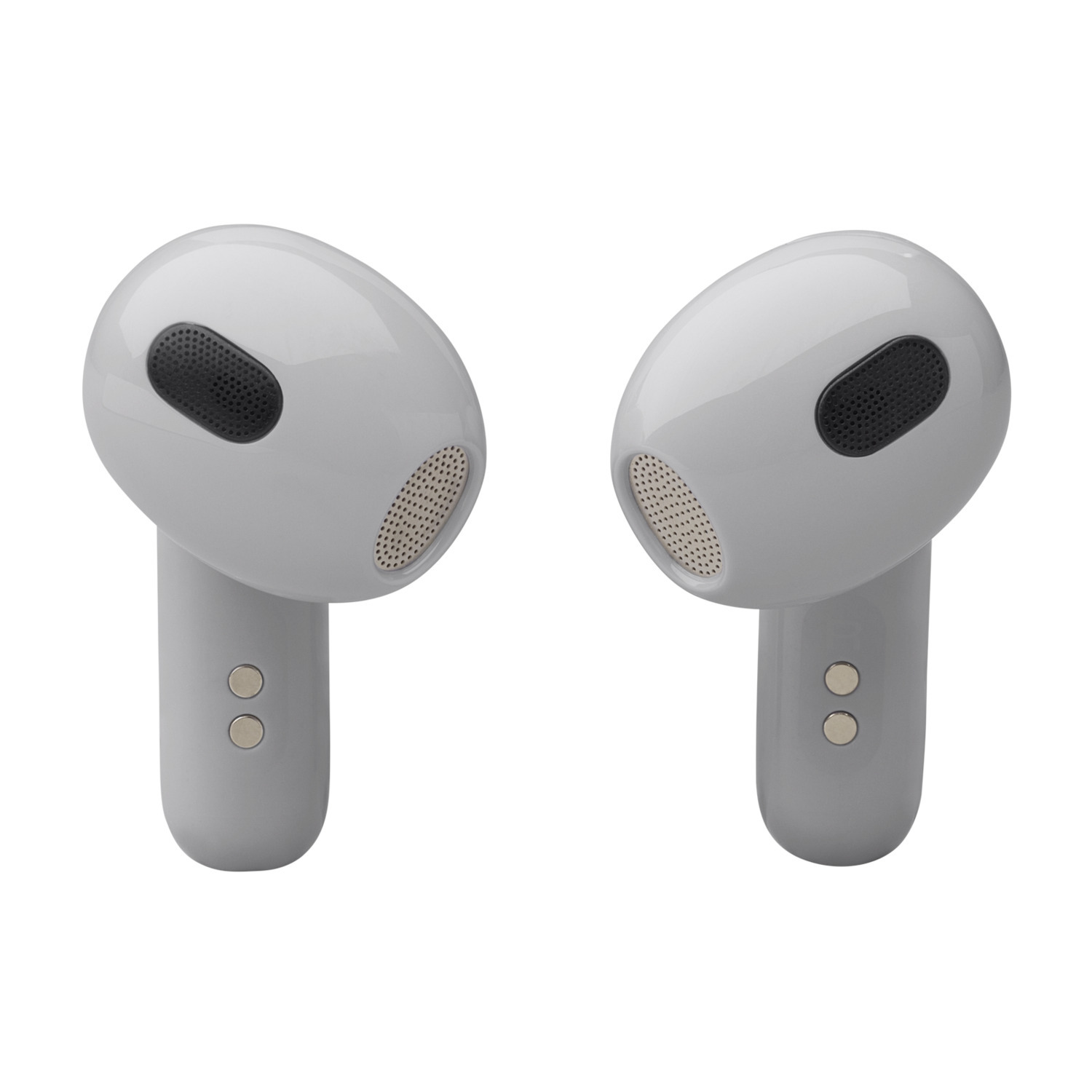 Two white earbuds. Each earbud has a black speaker and a microphone. White background.