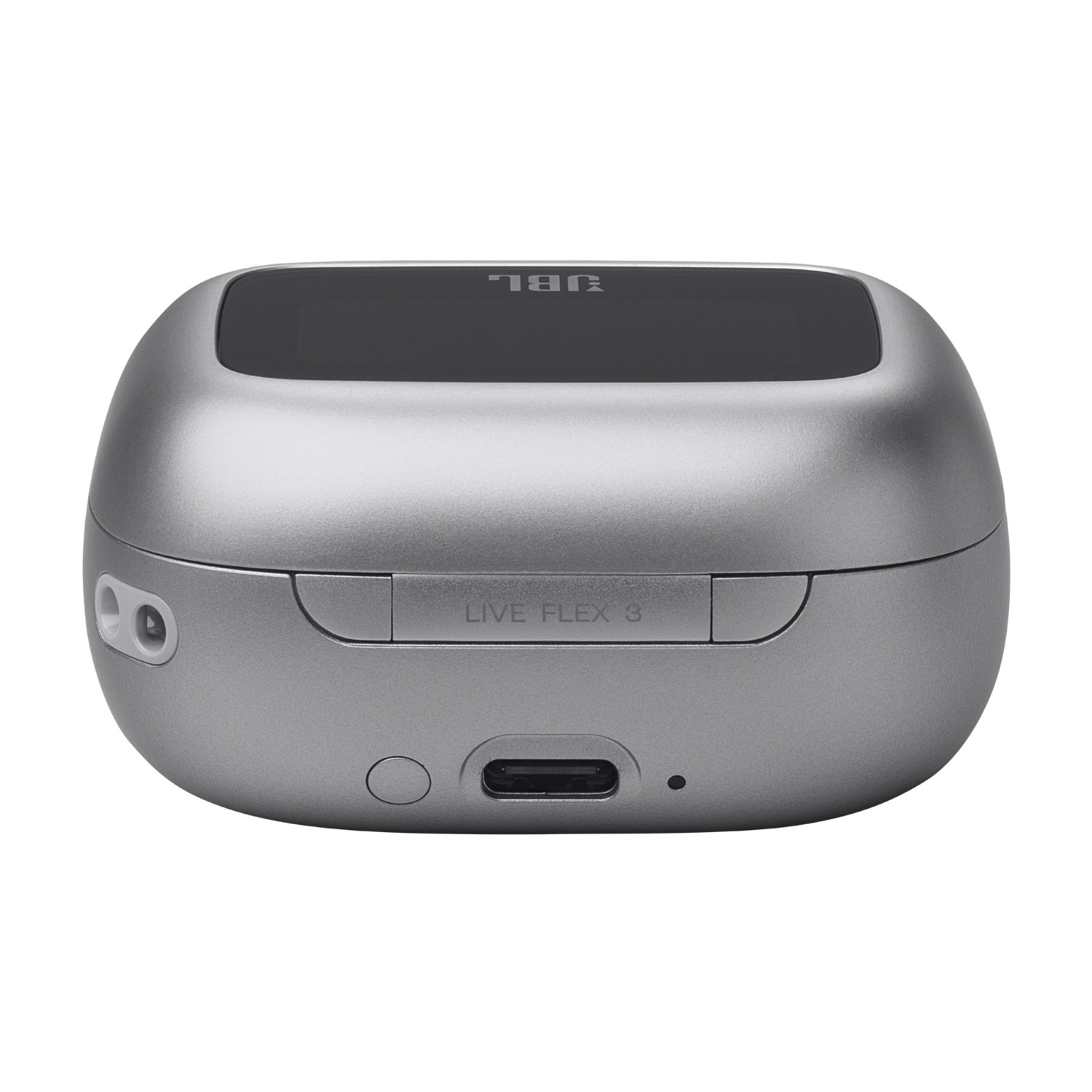 Gray, oval earbud case with 'JBL' and port.