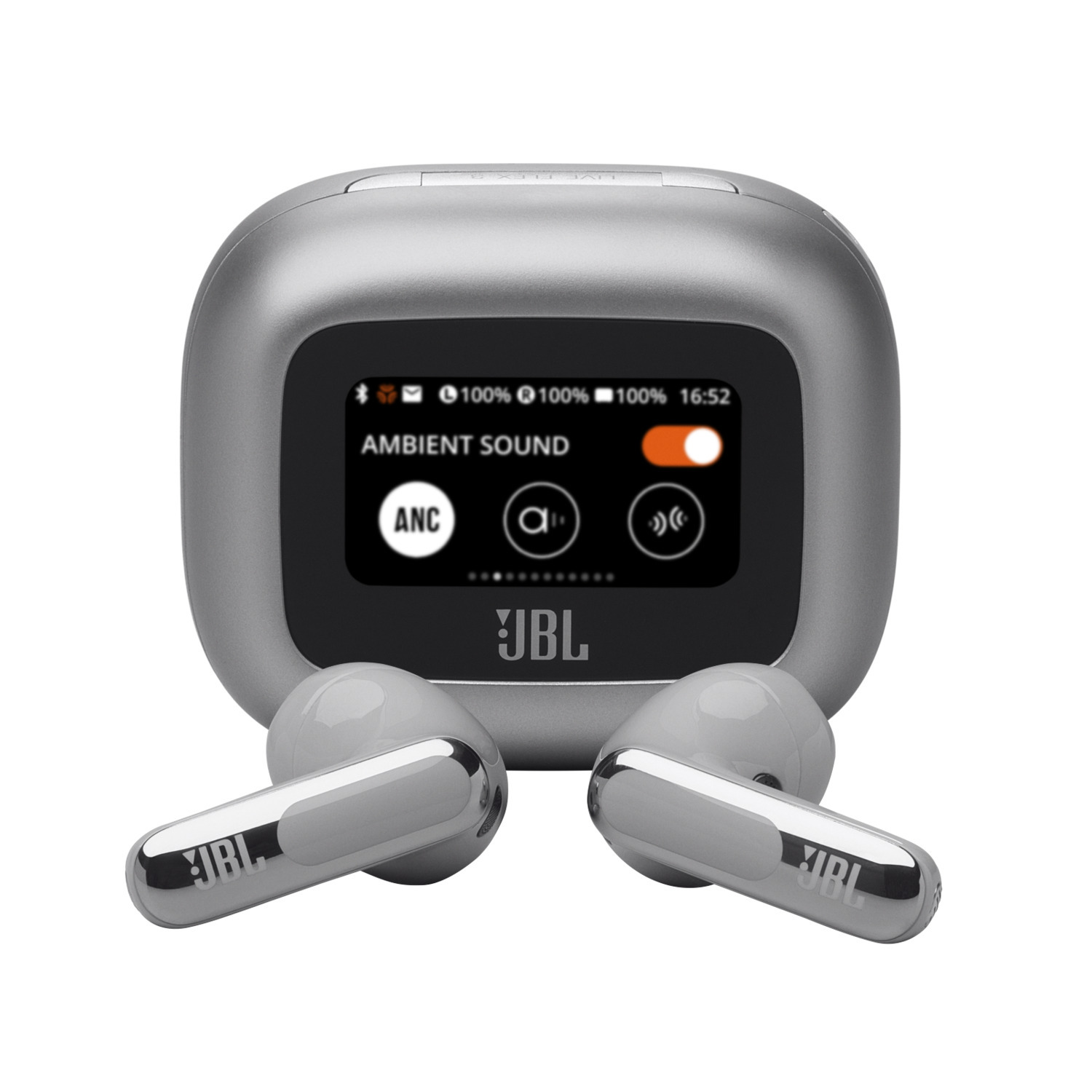 Silver JBL earbuds and case, displaying battery and mode info on a screen.