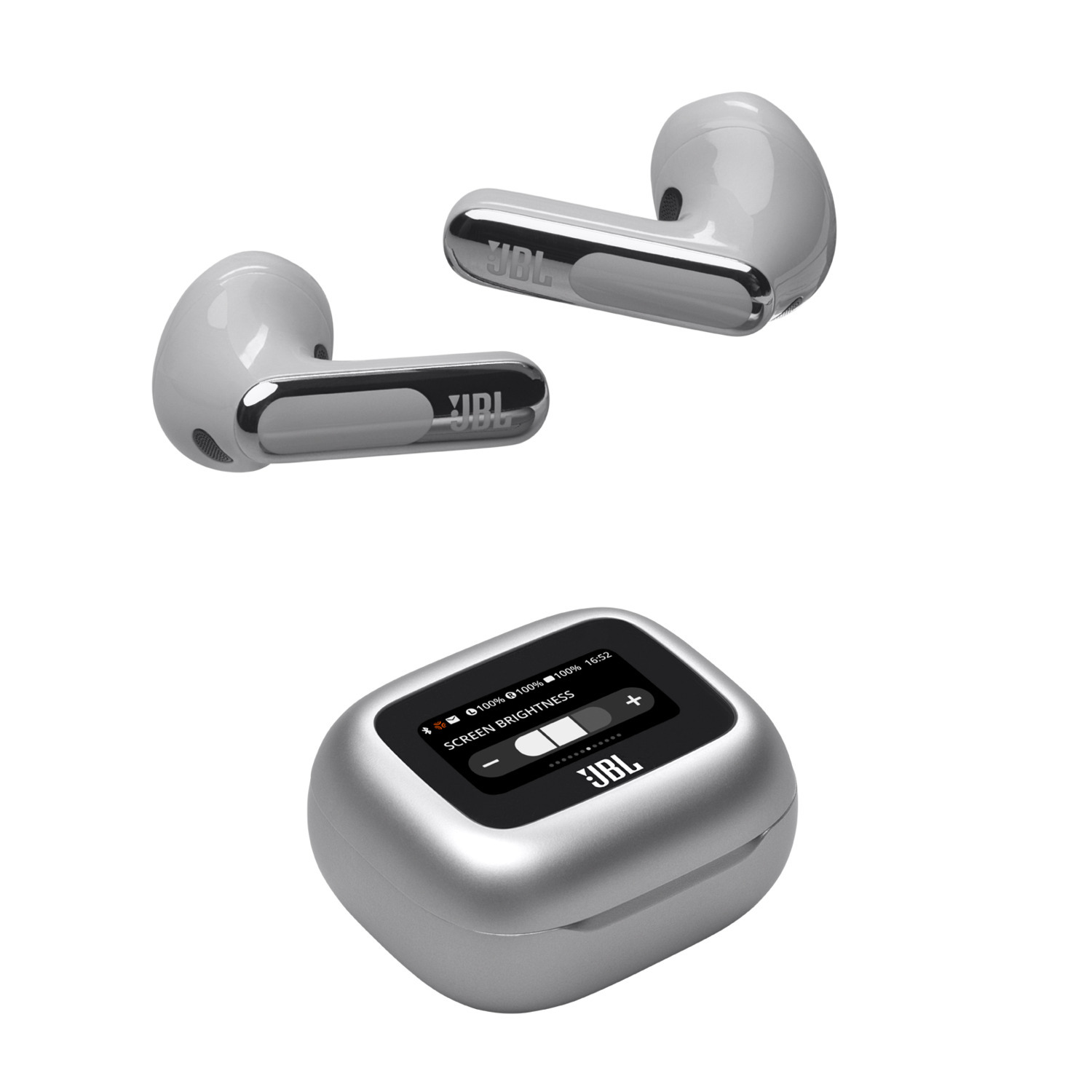 JBL earbuds and charging case, white background. The case has a screen.