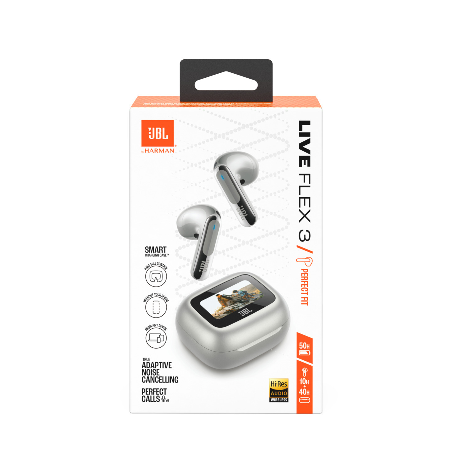 JBL Live Flex 3 earbuds in a box. The box has a diagram of the earbuds.