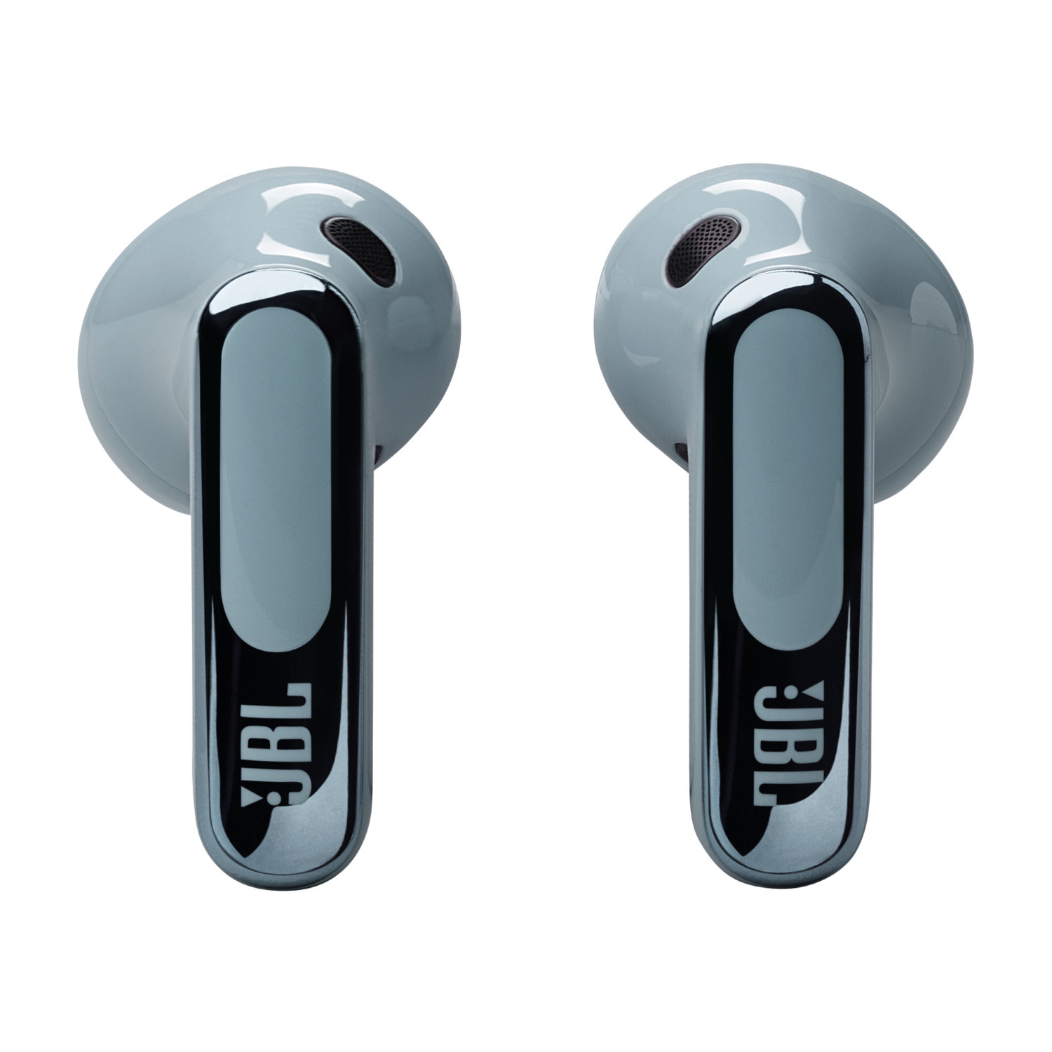 Twee JBL oordopjes in een blauwe kleur, op een witte achtergrond.