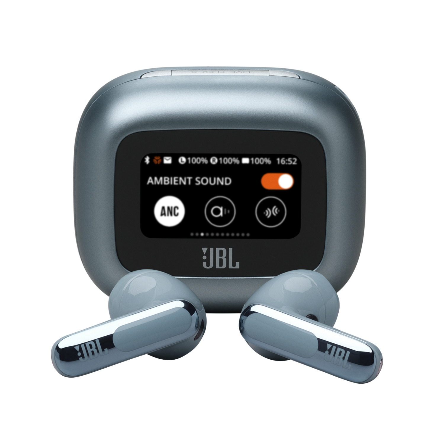 Grijze oortjescase en twee oortjes. De case heeft een scherm met batterij- en omgevingsgeluidsopties.