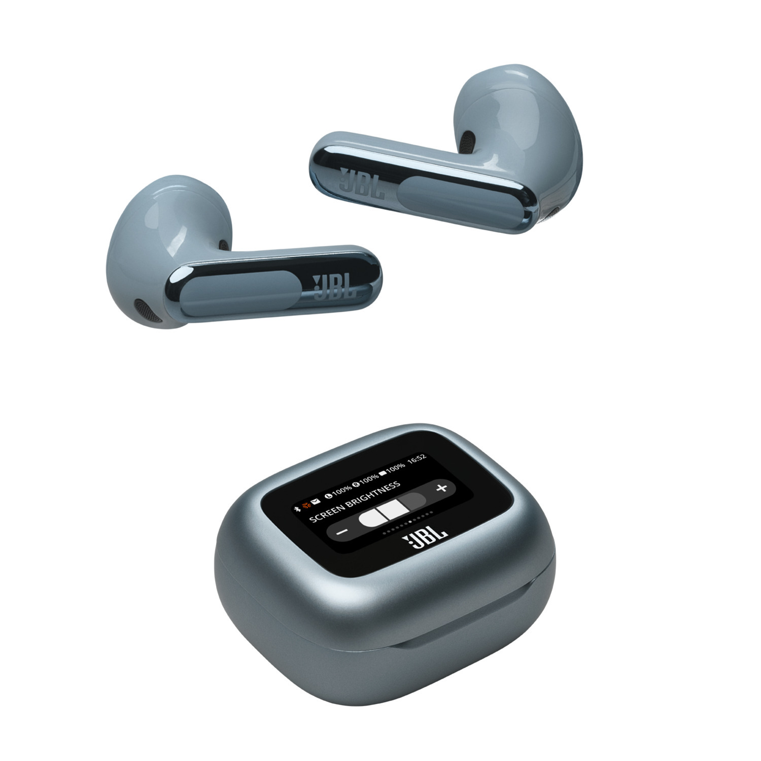 Blauwe oortelefoons en oplaadcase. JBL logo. Oplaadcase toont schermhelderheid en batterijniveau.