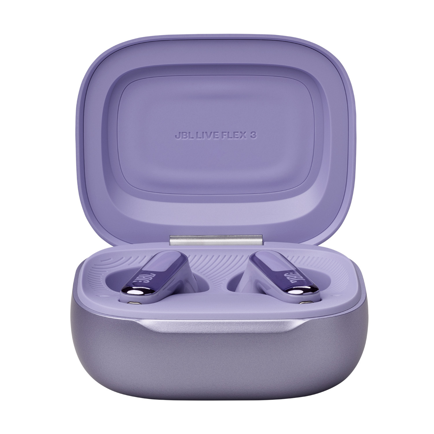 Purple JBL earbuds in a purple charging case, open.