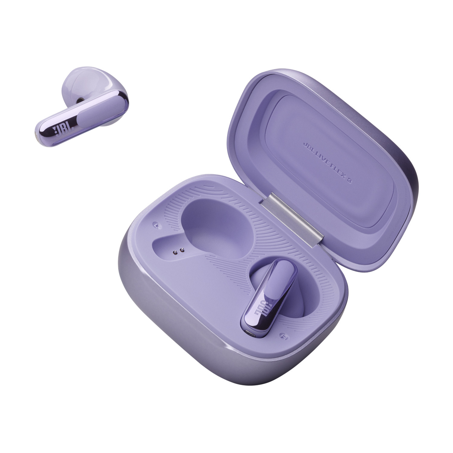 Pair of purple JBL Live Flex 3 earbuds and charging case, against a white background.