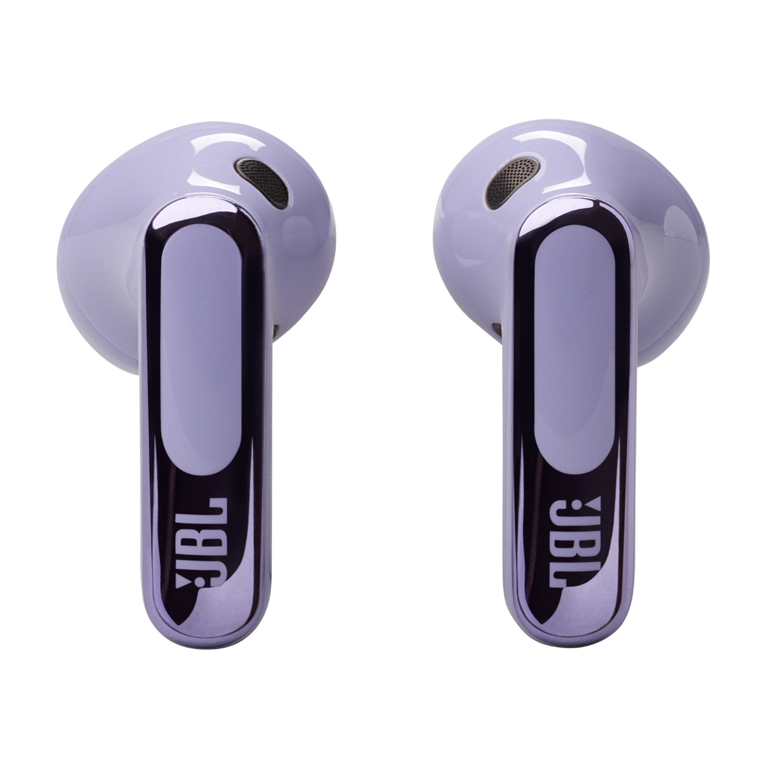 Pair of purple JBL earbuds, with silver accents and the JBL logo visible.