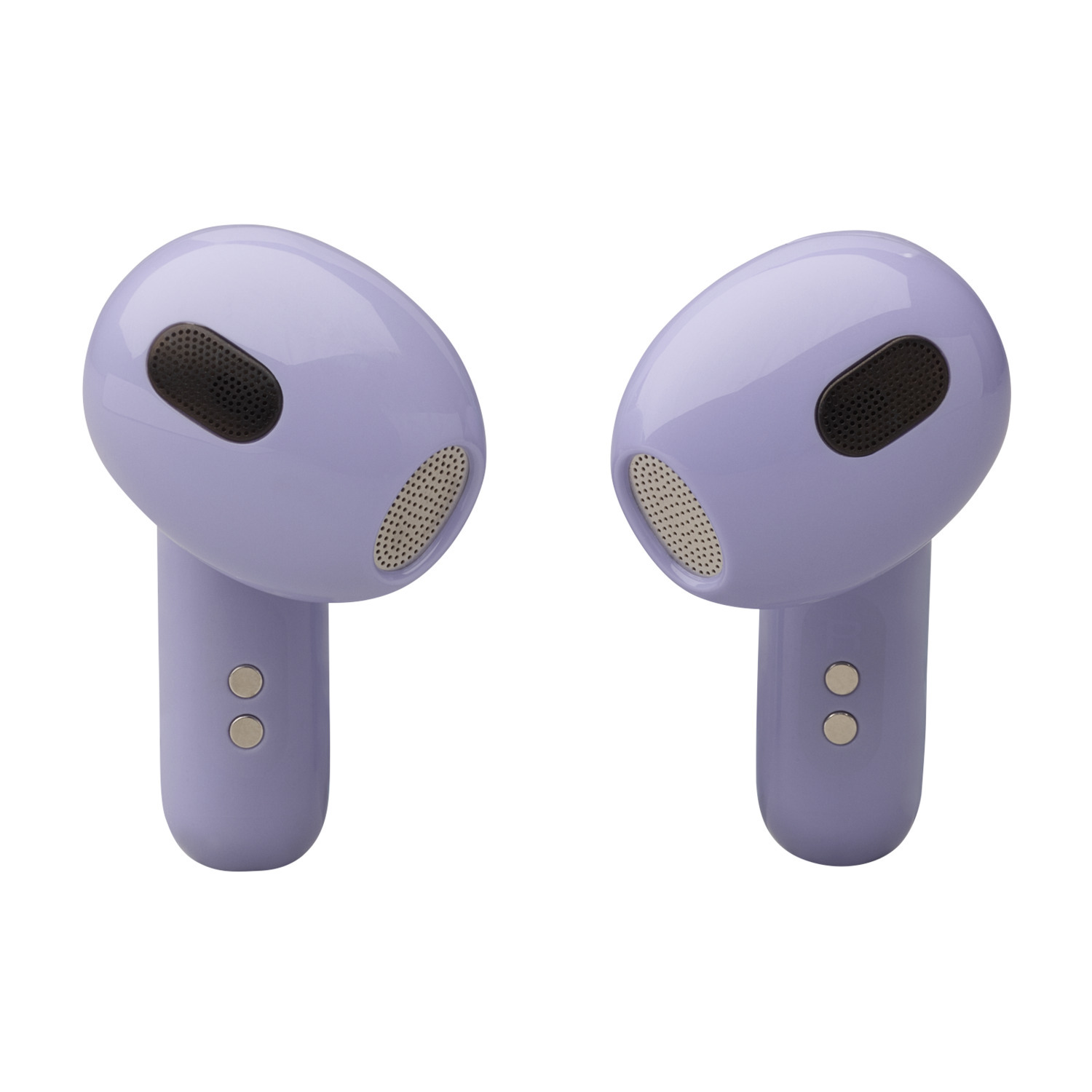 Two purple earbuds with black mesh and silver buttons, isolated on white background.