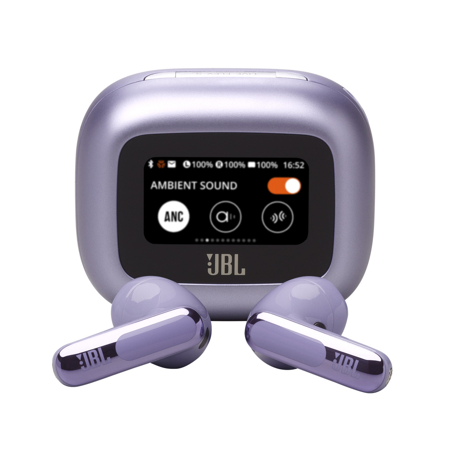 Purple earbuds and charging case. The case has a screen and the JBL logo. White background.
