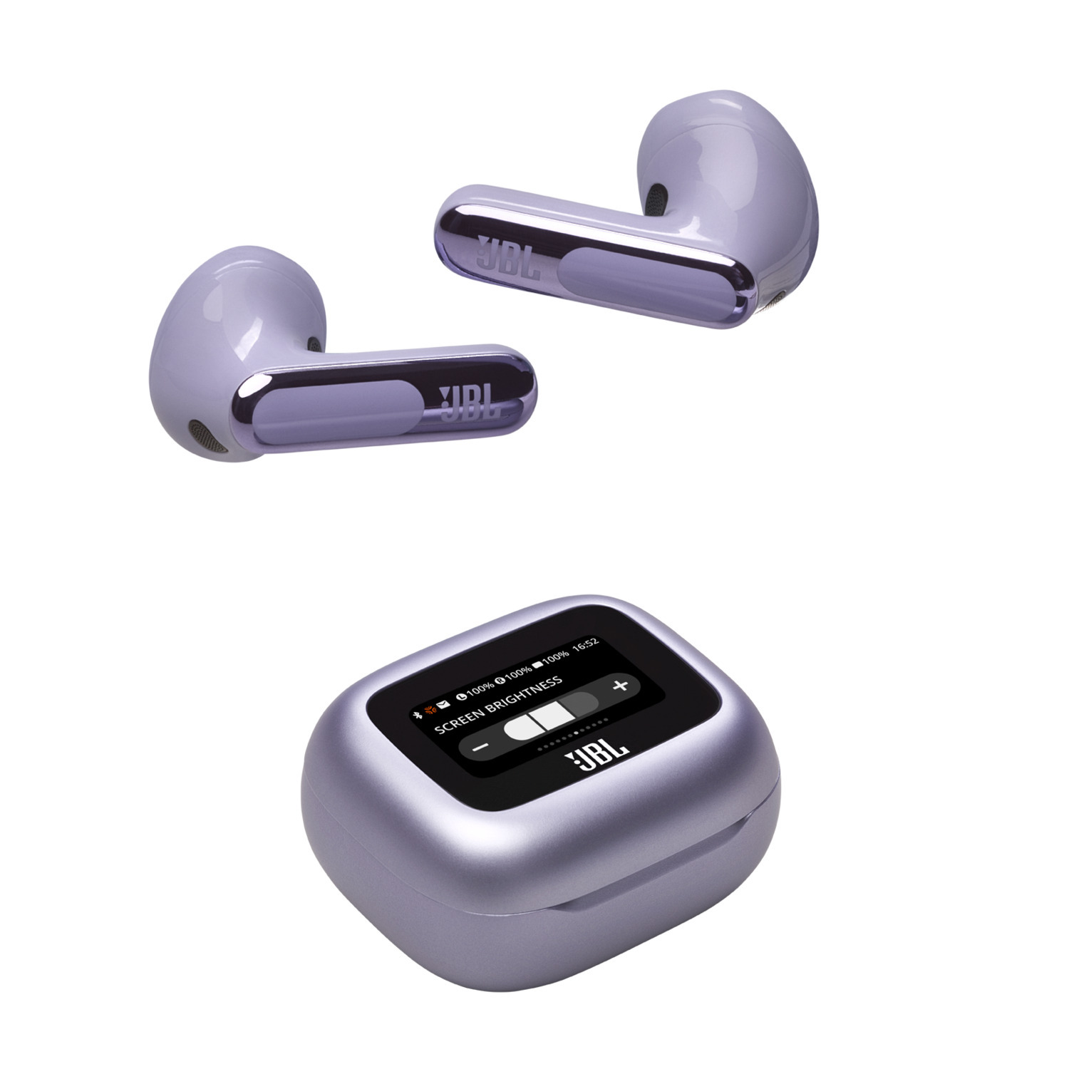 Two purple earbuds and a charging case. Other items are on a light surface.