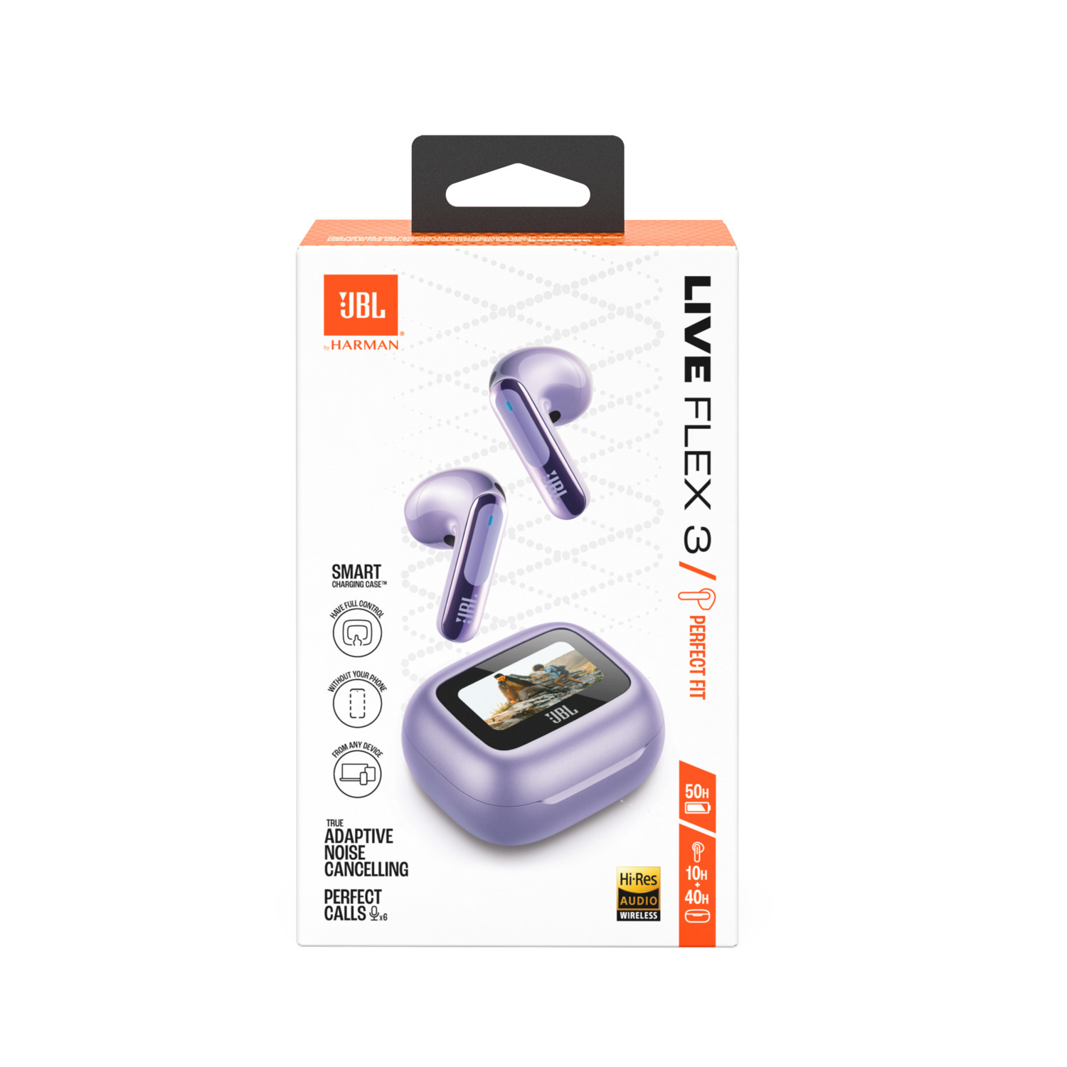 Box of JBL Live Flex 3 earbuds, with a purple charging case, and product information.