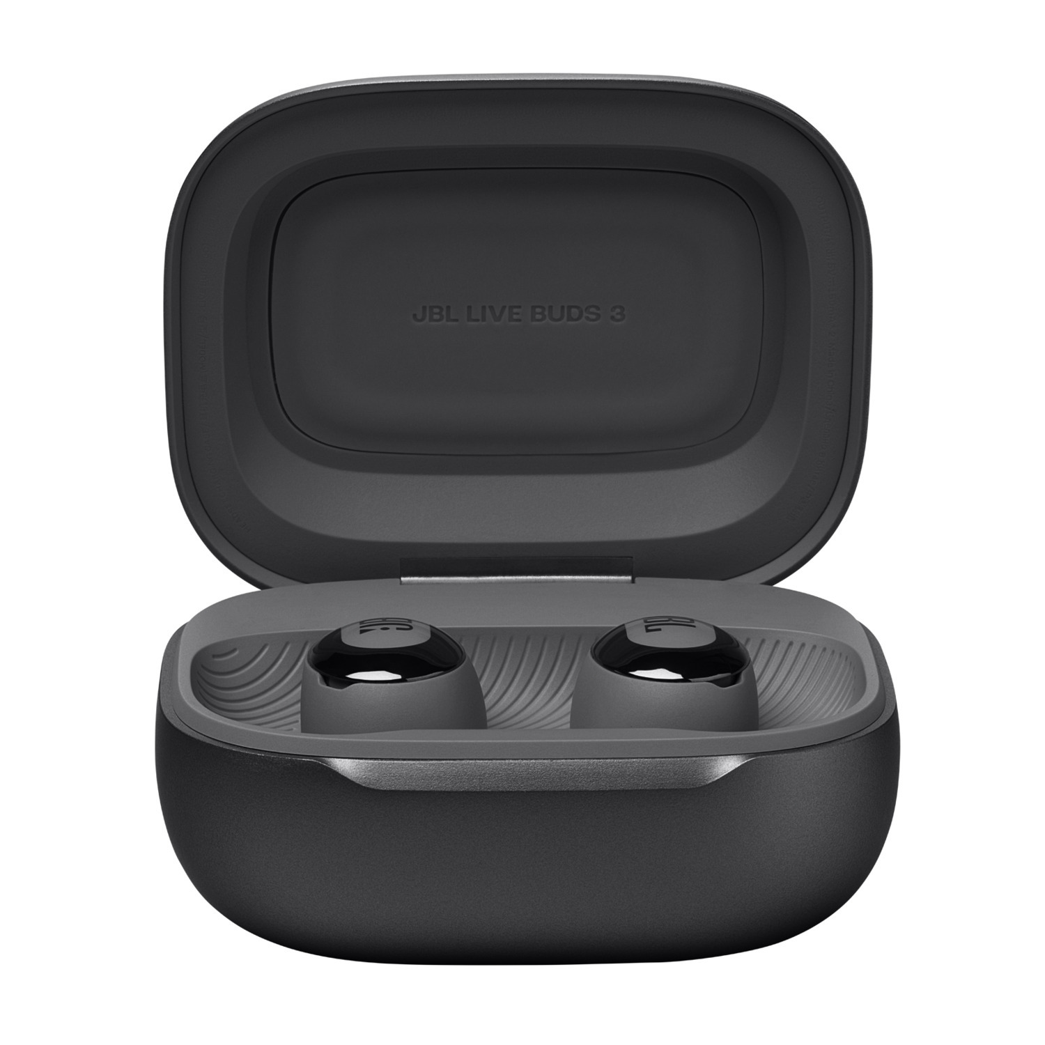 Black JBL earbuds in their charging case. The case is black, and earbuds are visible.