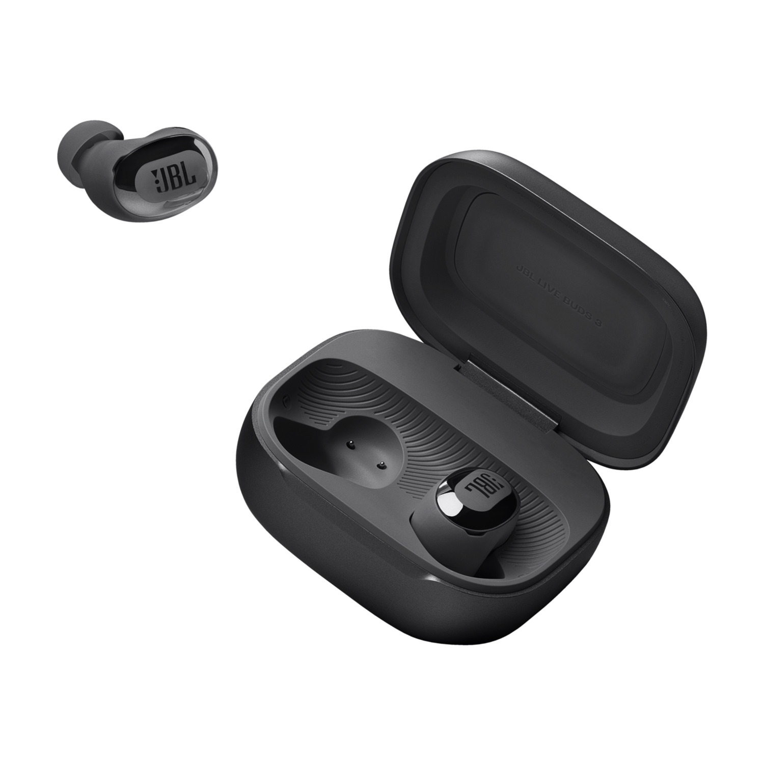 Black JBL earbuds and their charging case.