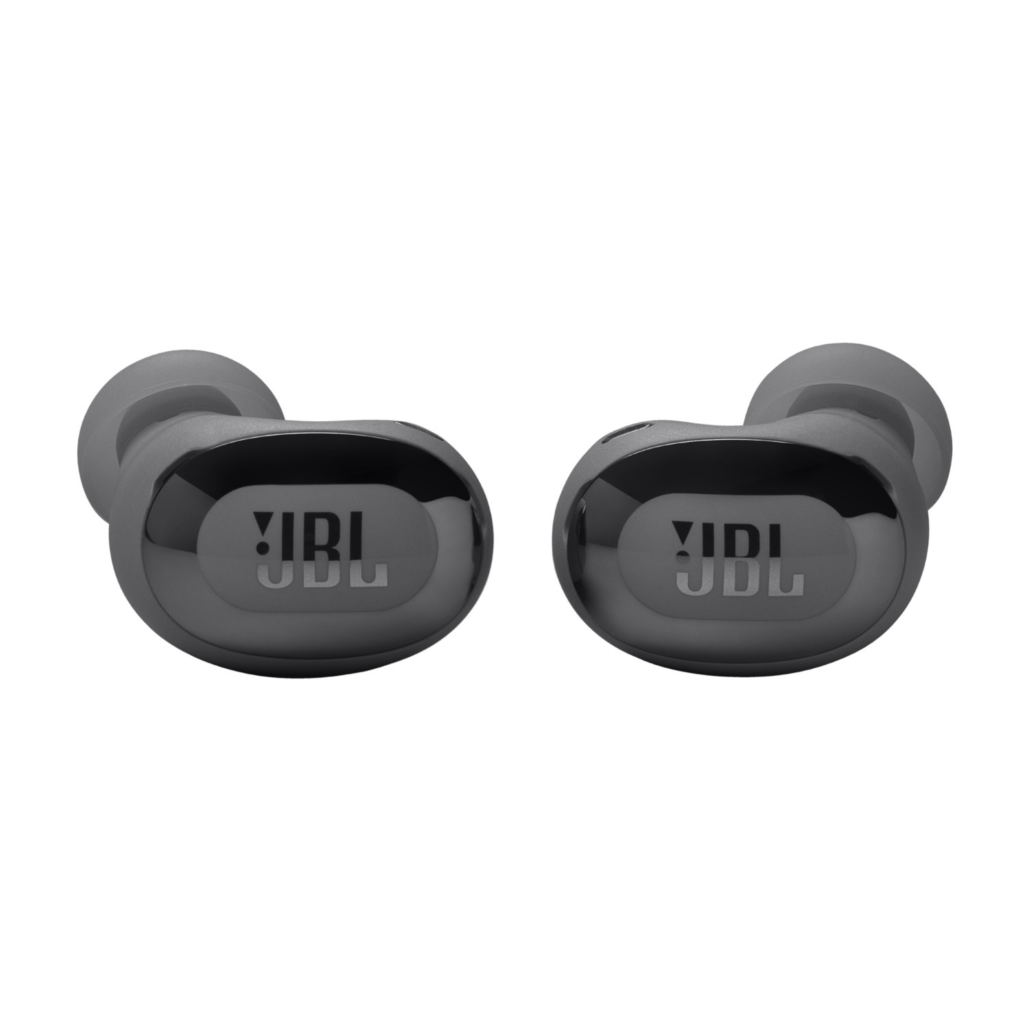 Pair of dark gray JBL earbuds. The earbuds are facing outwards.