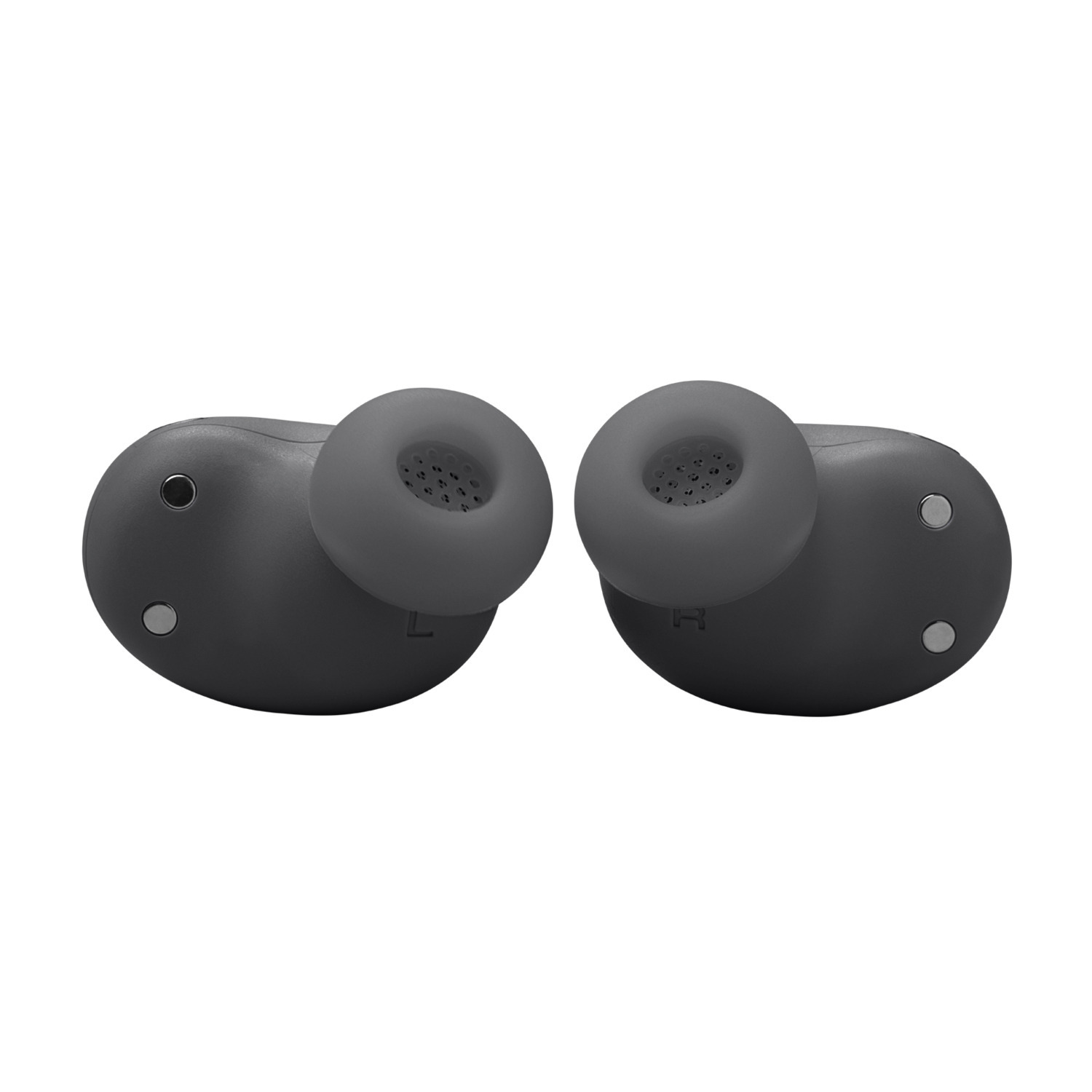 Two dark gray JBL earbuds, angled. Grey earpiece. White background.