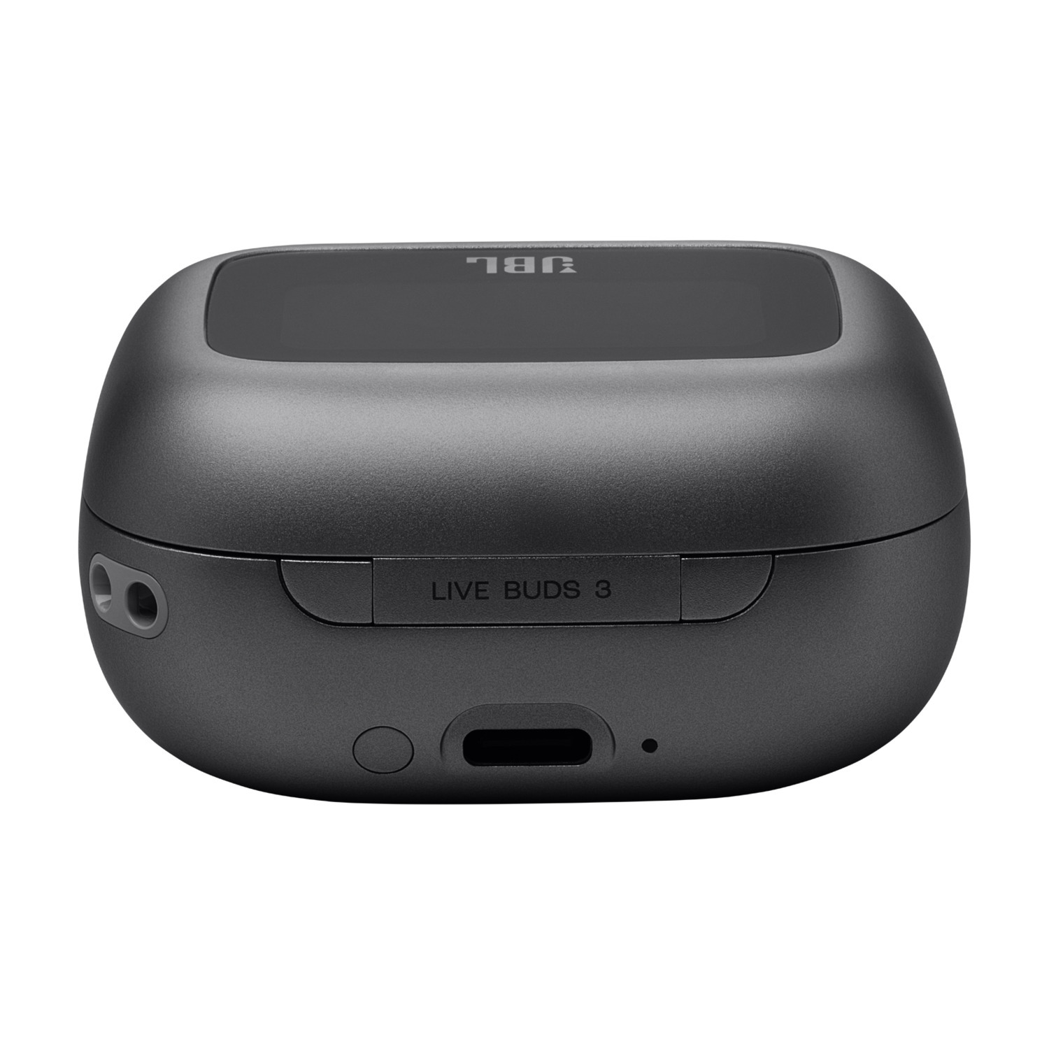 A closed, gray JBL Live Buds 3 charging case with the JBL logo on top.