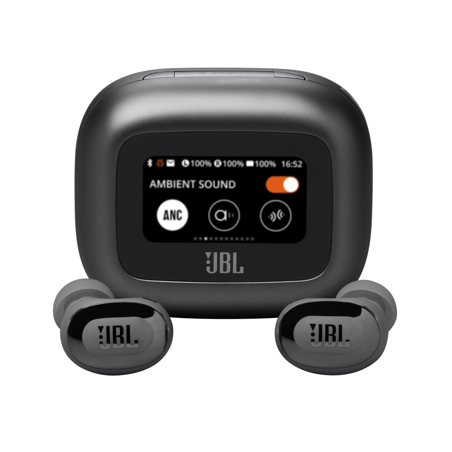 Black JBL earbuds in a charging case. Case has a display showing battery and ambient sound settings.