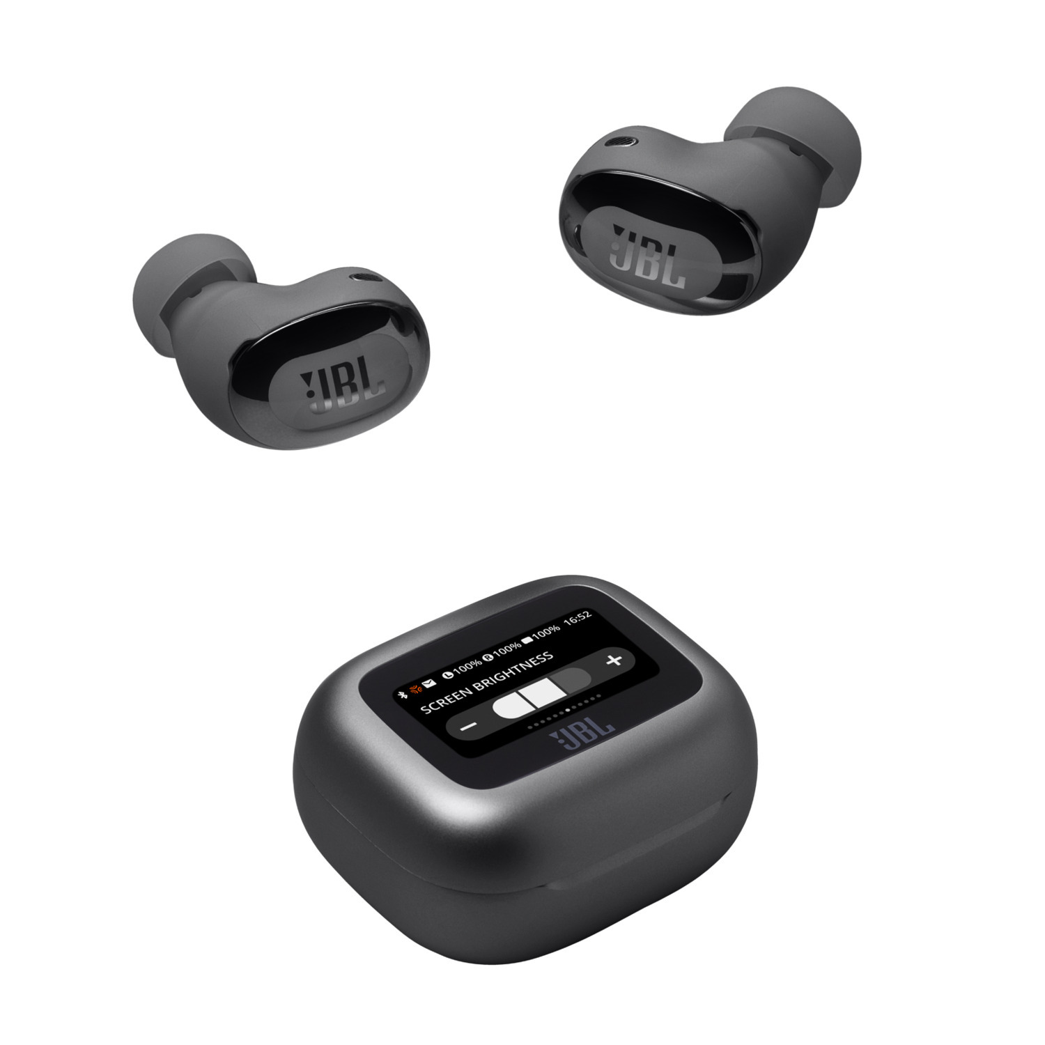 A set of gray JBL wireless earbuds and their charging case, isolated.