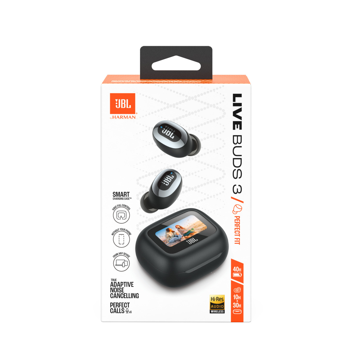 A JBL Live Buds 3 box. Box shows earbuds and charging case, with text about features.