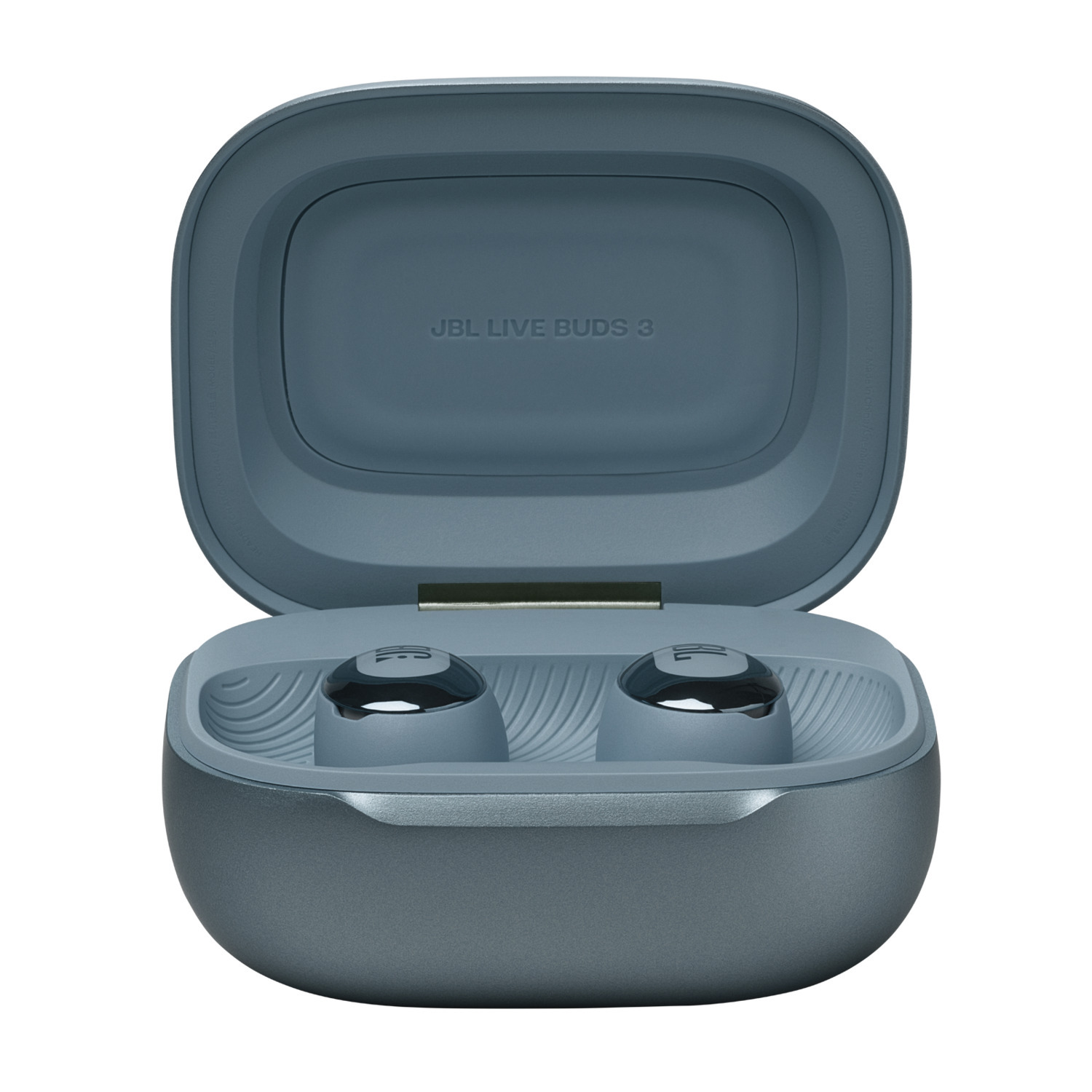 Earbuds in a blue charging case with the JBL logo on it.