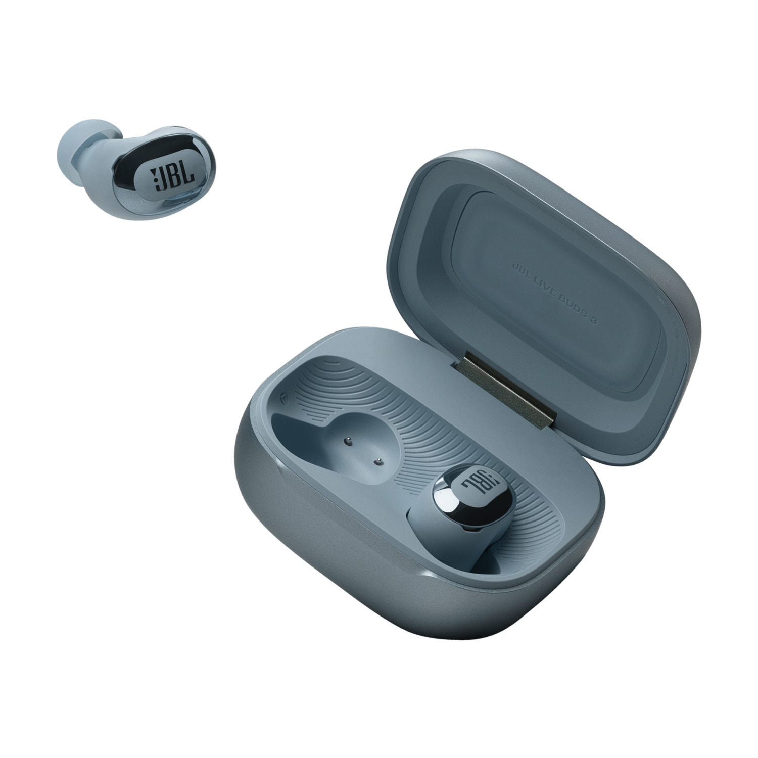 JBL Live Buds 3 earbuds in a case. One earbud is separate.