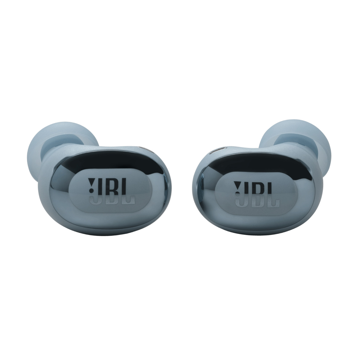 Two blue wireless earbuds. The case is not visible. White background.