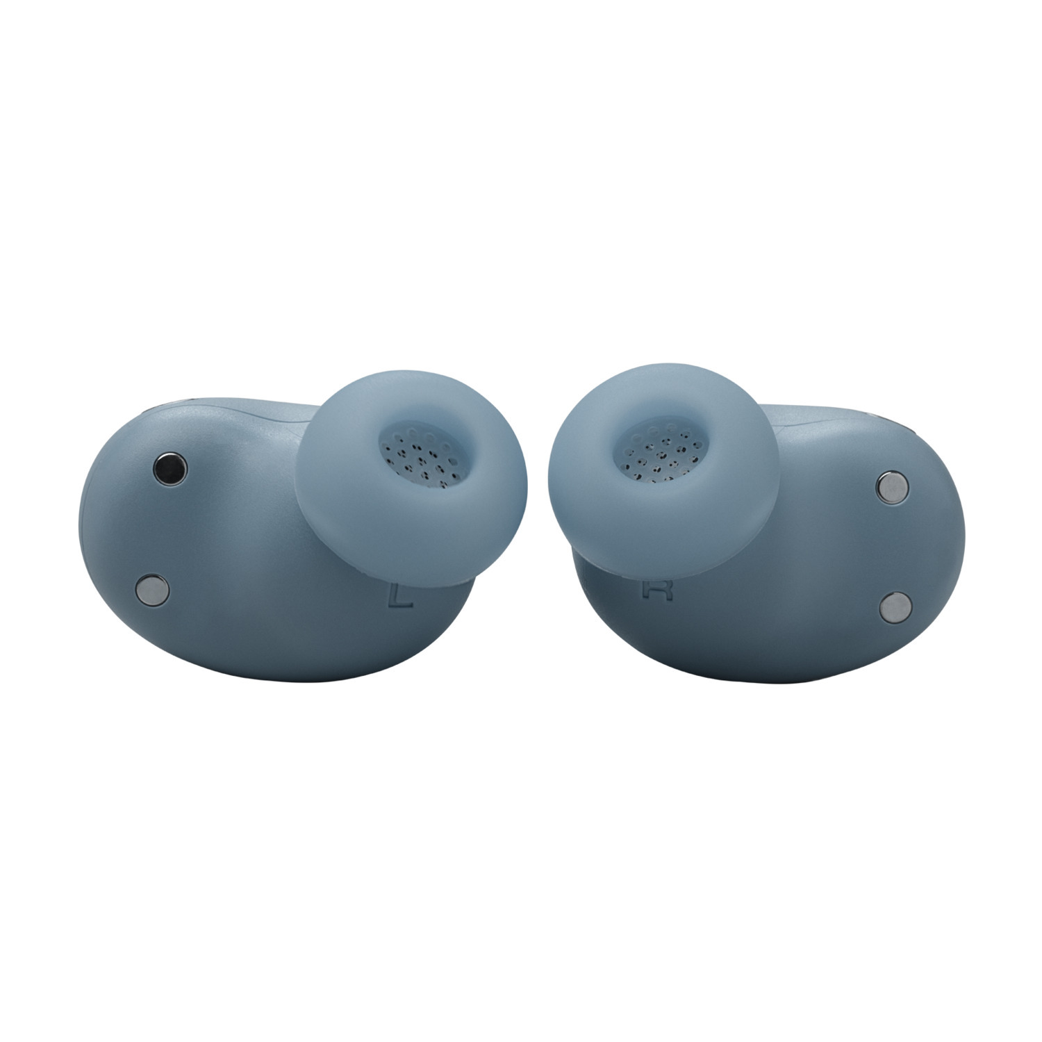 Two blue earbuds, seen from above. The right and left are marked.