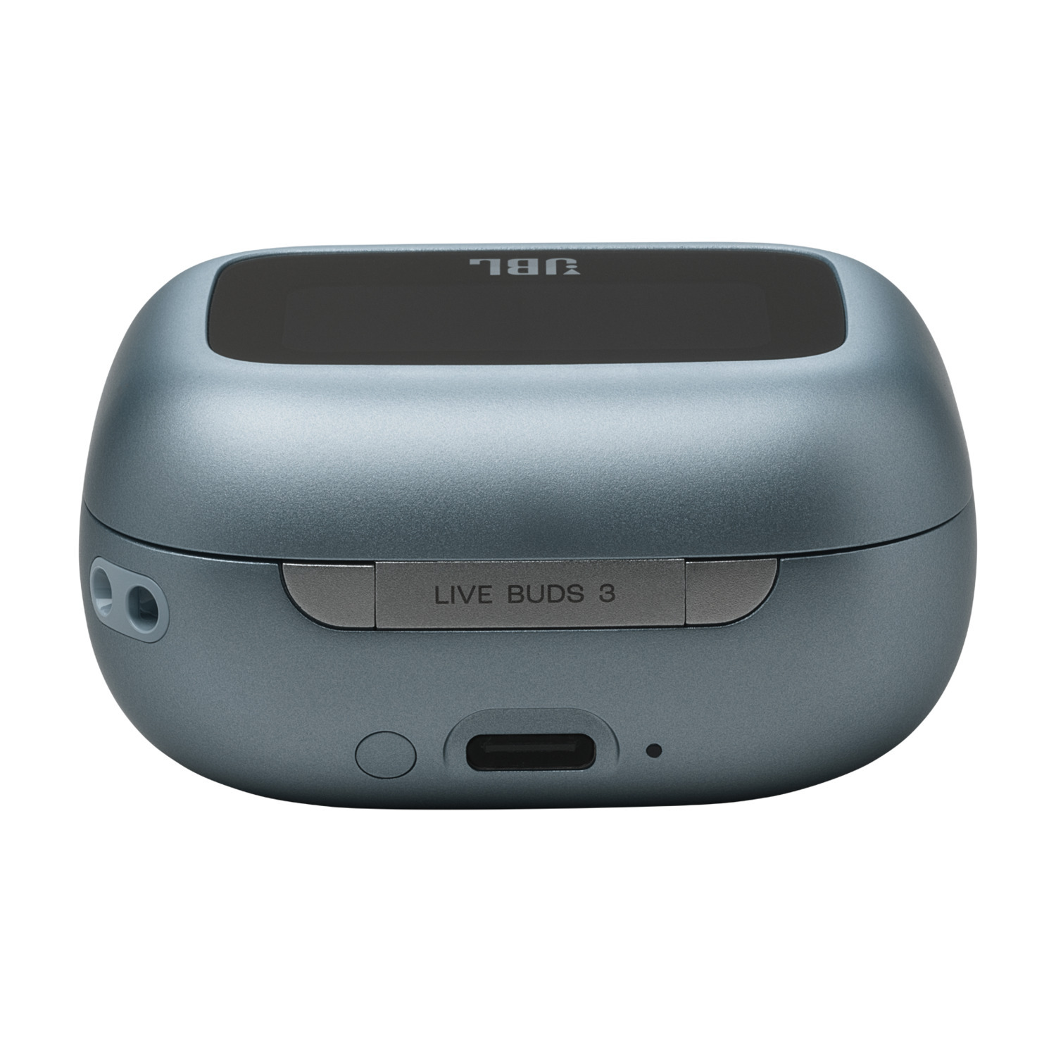 Teal charging case for earbuds. JBL logo on top.