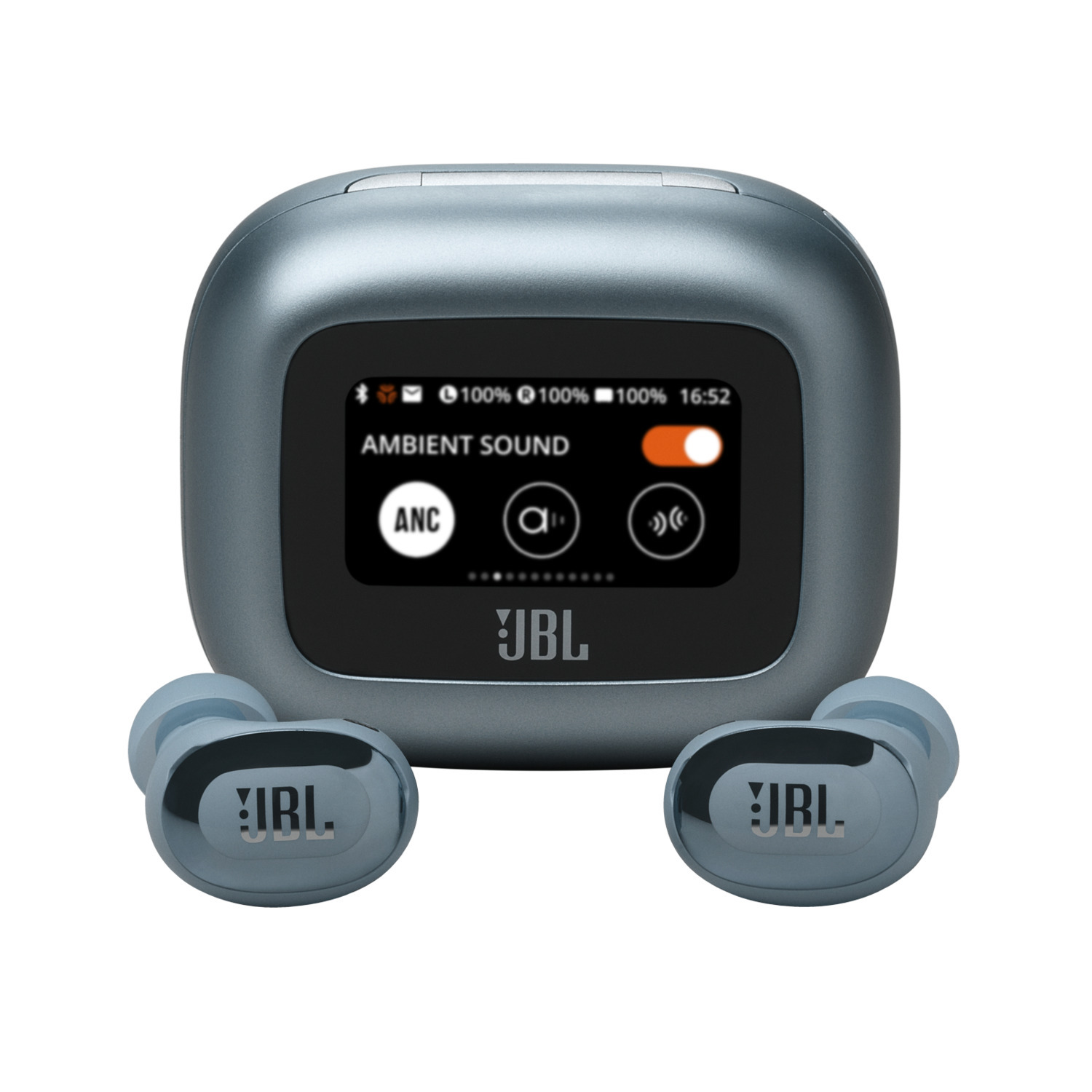 A grey charging case with earbuds. The case shows Ambient Sound and ANC options.