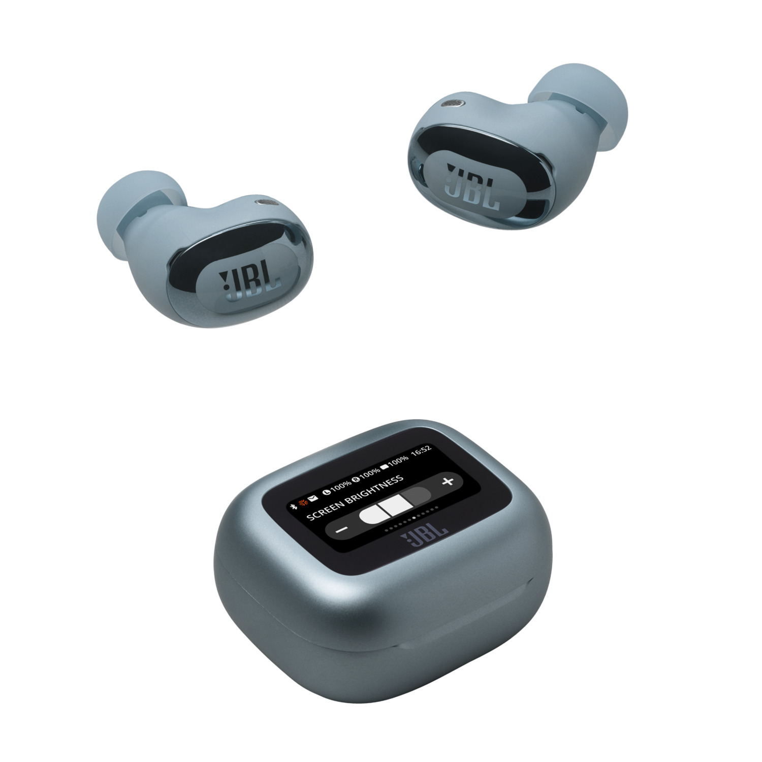 Blue JBL earbuds and a charging case, all set against a white backdrop.
