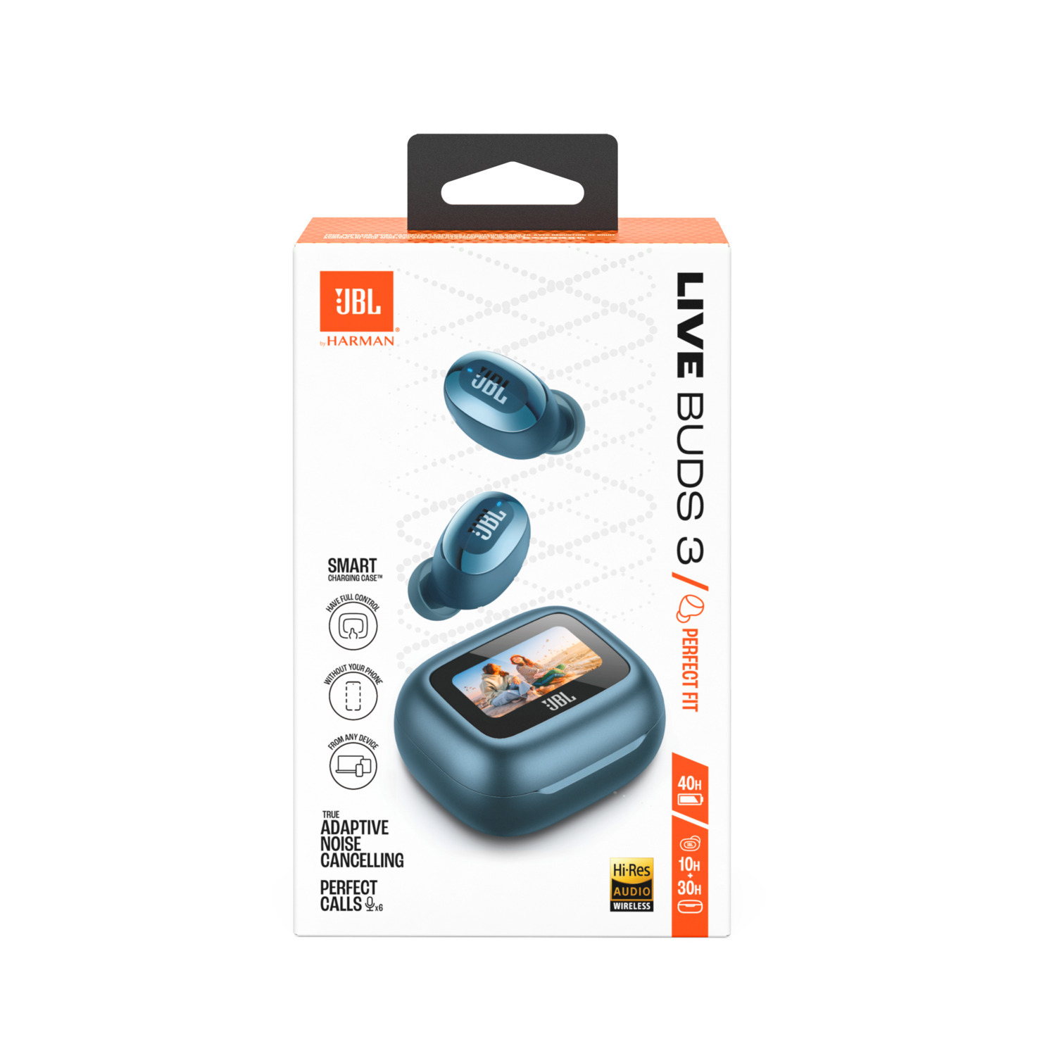 Blue earbuds in a box, with a picture of people and text about the product.