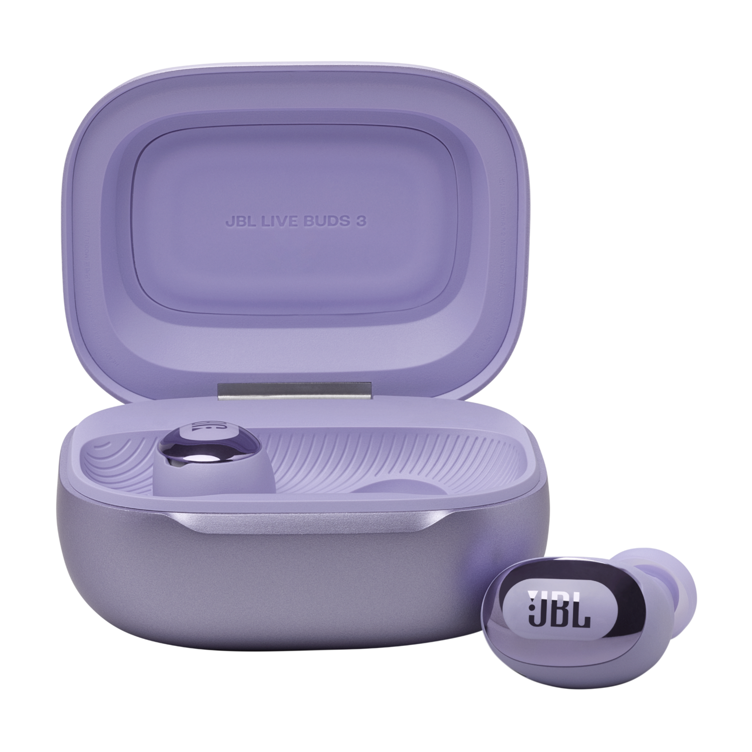 Écouteurs JBL violets dans un étui ouvert, avec un écouteur hors de l'étui.