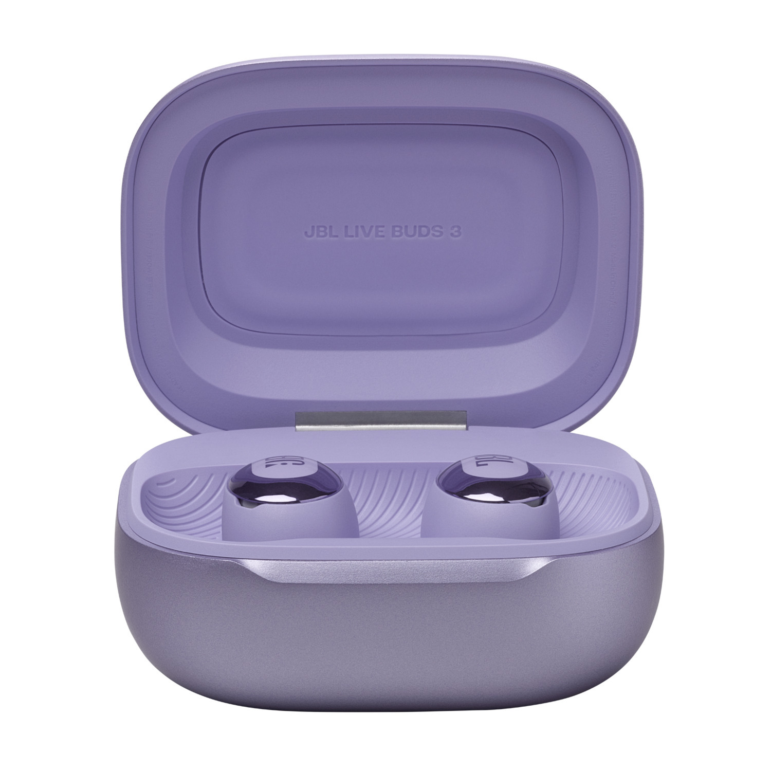 Écouteurs JBL Live Buds 3 violets dans leur étui de chargement.