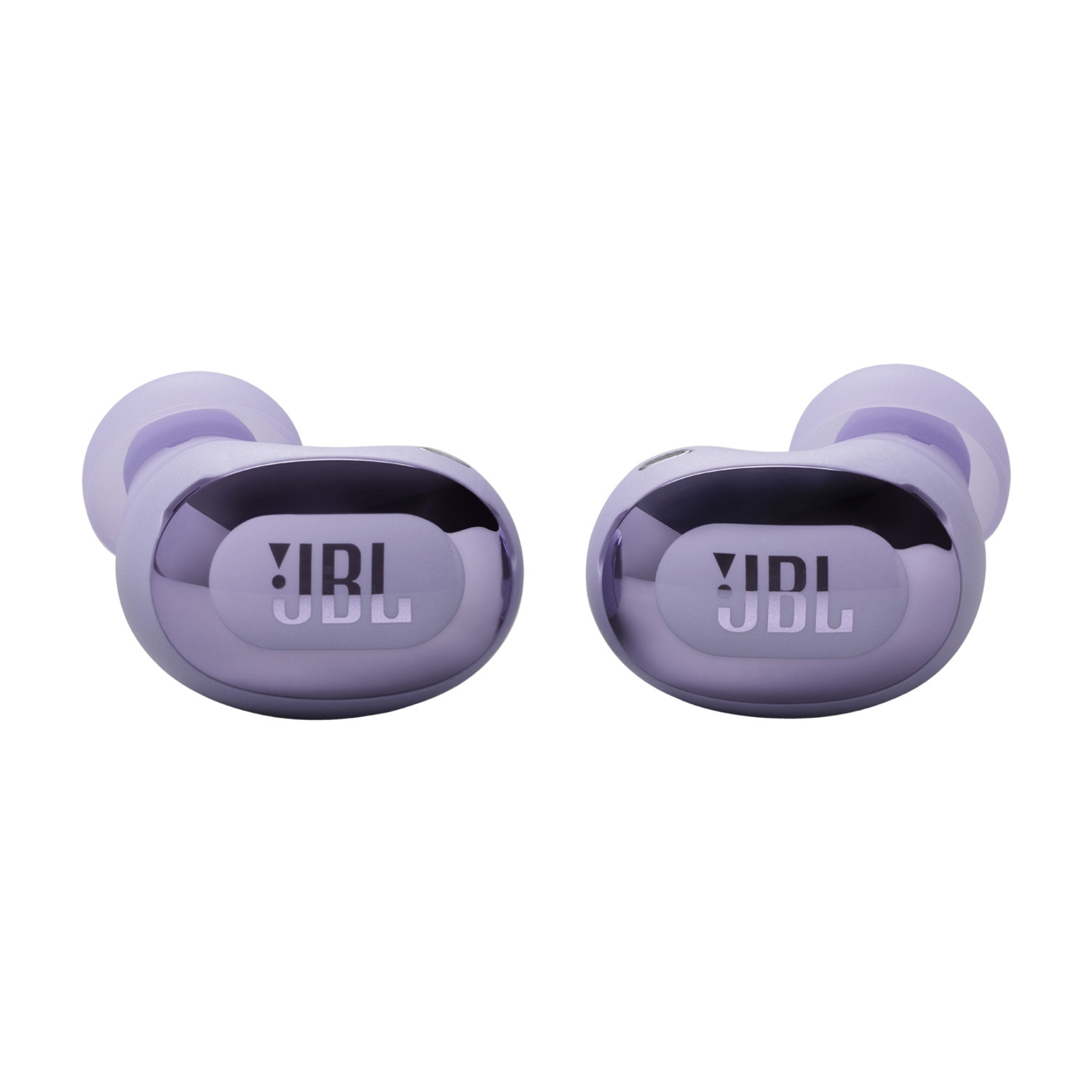 Deux écouteurs JBL de couleur violette, sur fond blanc.