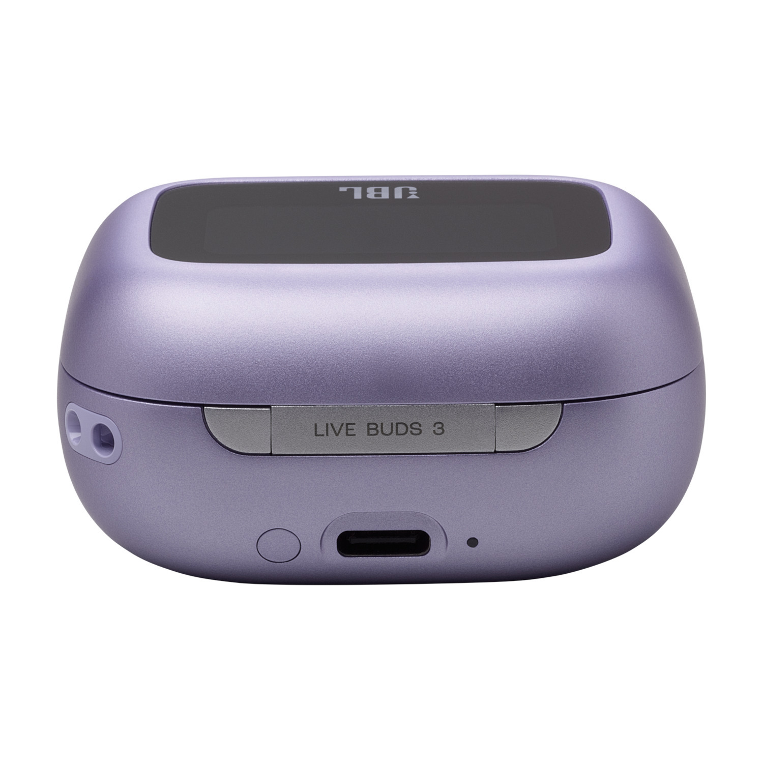 Un étui de chargement JBL violet pour écouteurs, avec "LIVE BUDS 3" écrit dessus.