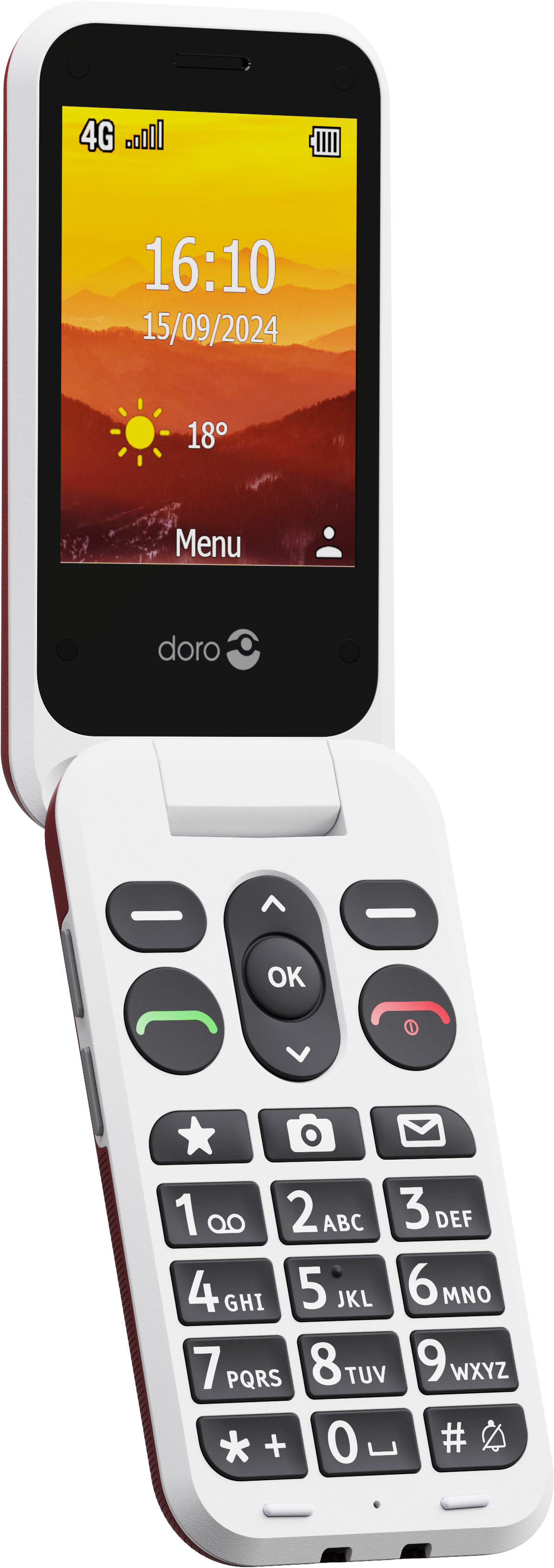 Doro Klapphandy geöffnet, zeigt Uhrzeit und Datum auf dem Bildschirm und eine Tastatur.