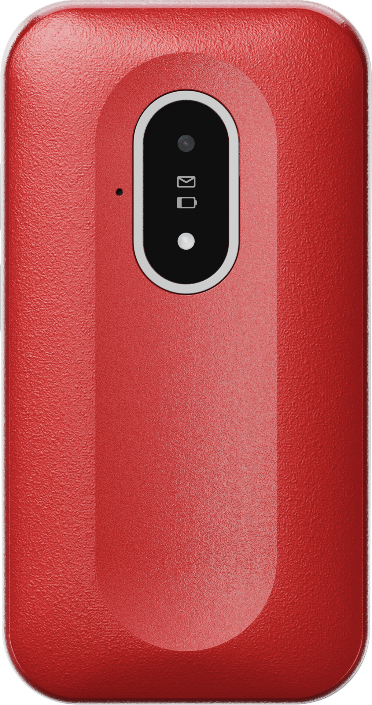 Rotes Mobiltelefon. Schwarze Kamera und Bedienfeld. Weißer Hintergrund.