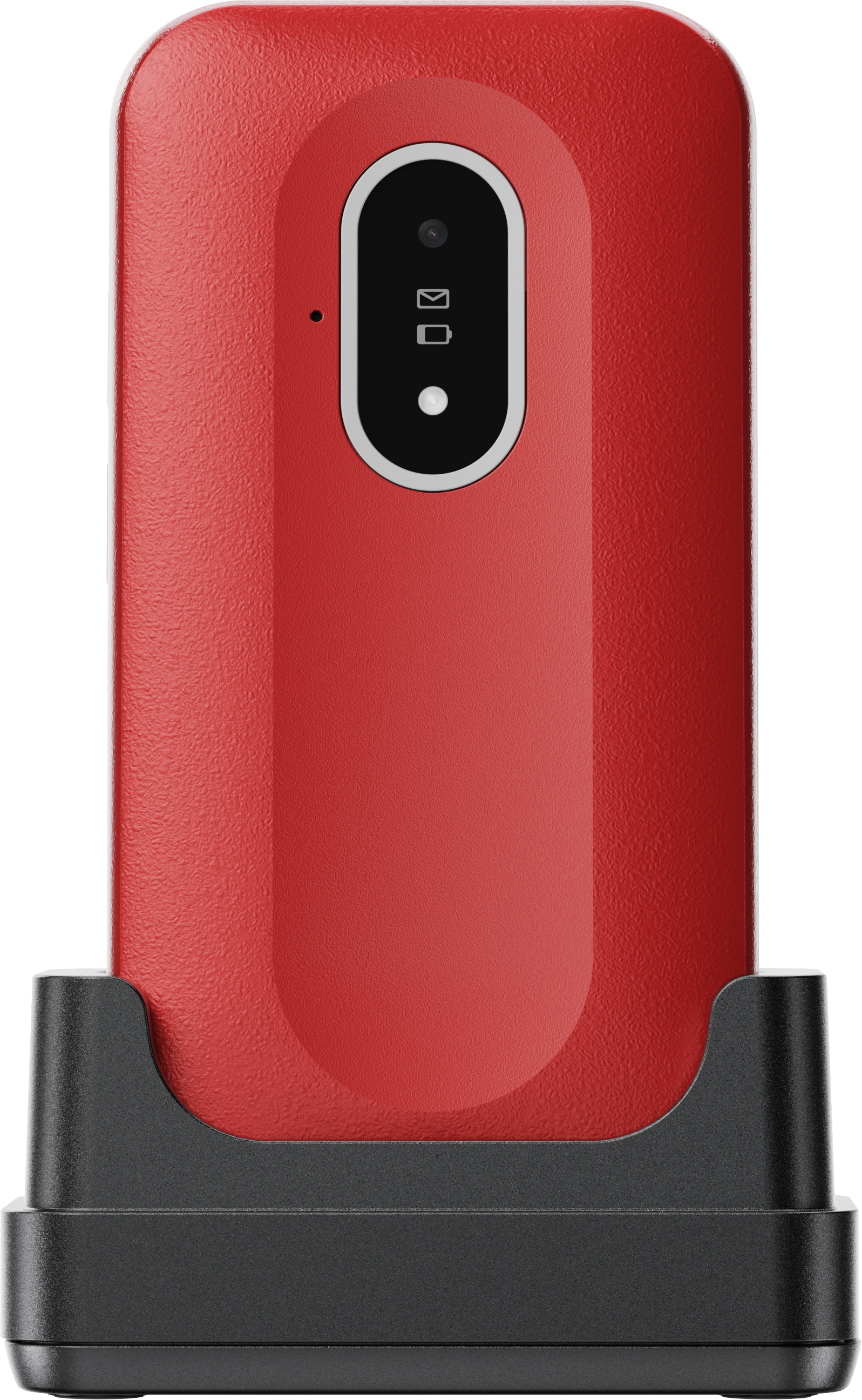 Ein rotes Mobiltelefon in einer schwarzen Ladeschale.